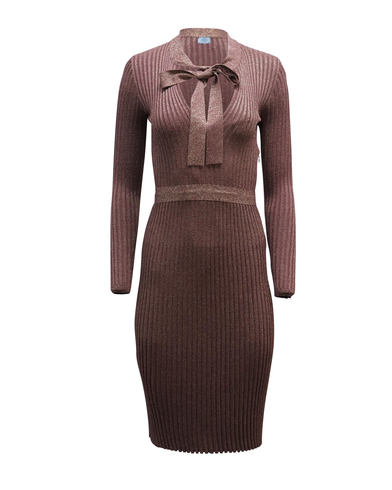 Image of Burgundy Front Bow Ribbed Knit Midi Dress By Prada, Women's (Size XS)