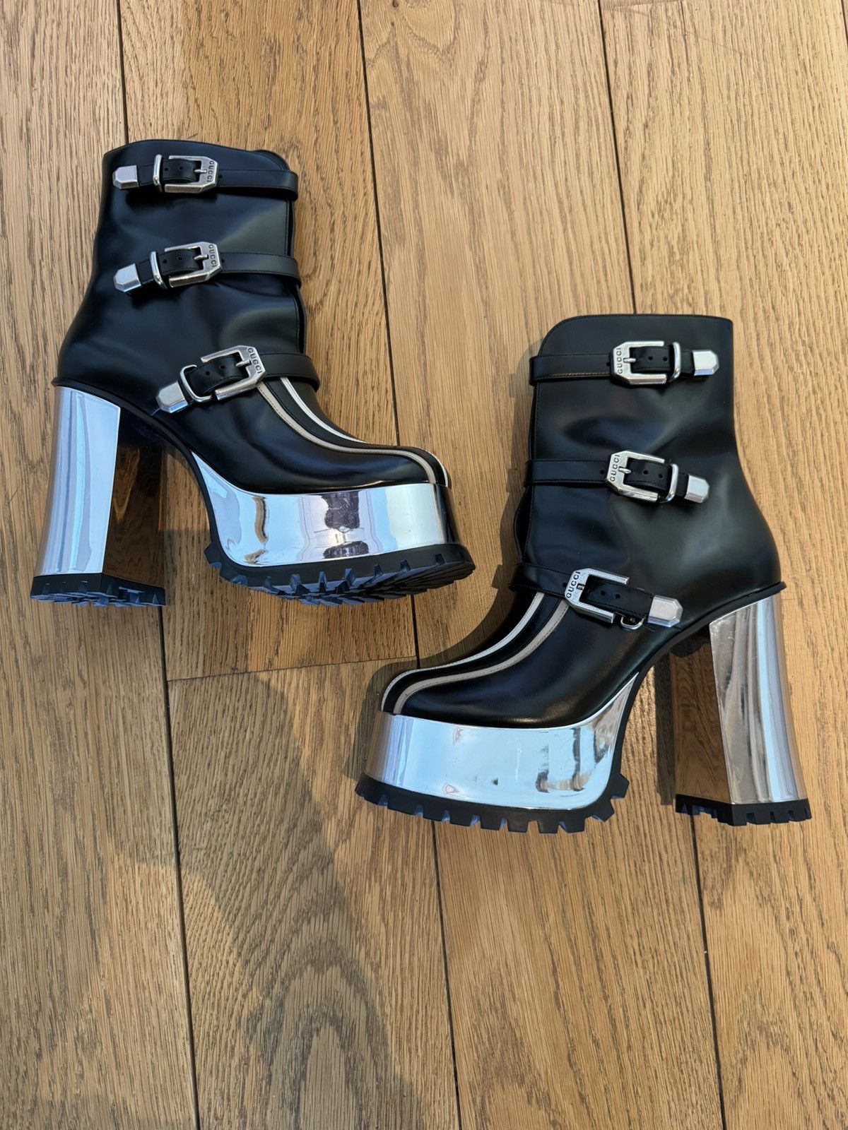 Gucci Leather Striped Moto Boots