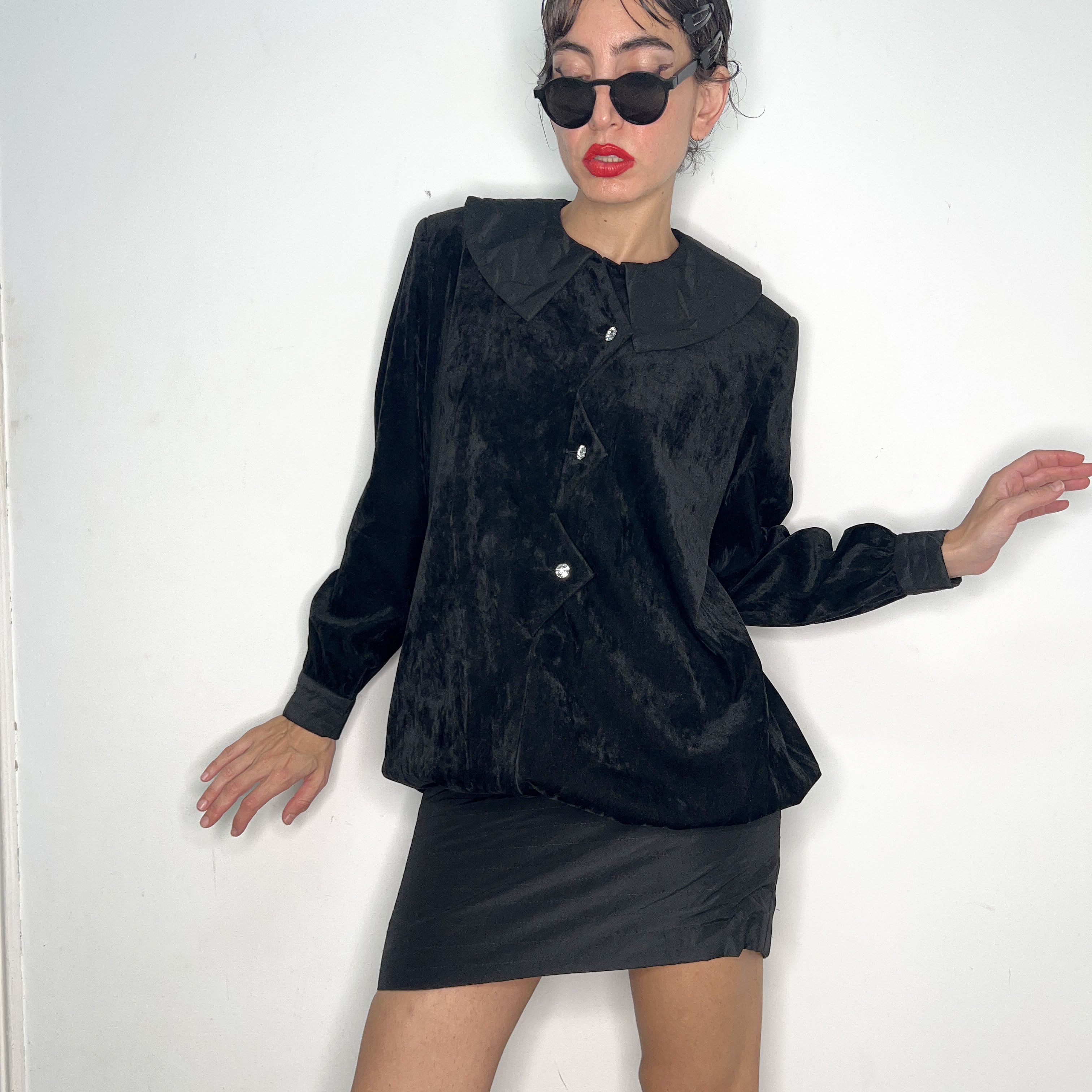 Vintage black velvet quilted clowncore mini dress