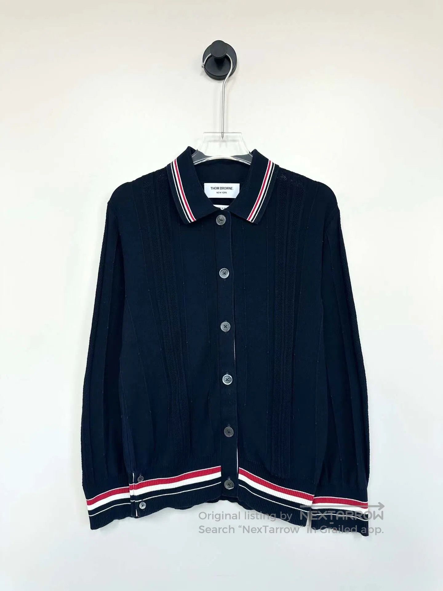 Thom Browne Thom Browne Dark Blue Striped Polo Neck Knit Cardigan| Size M / US 6-8 / IT 42-44 - 1 Thumbnail