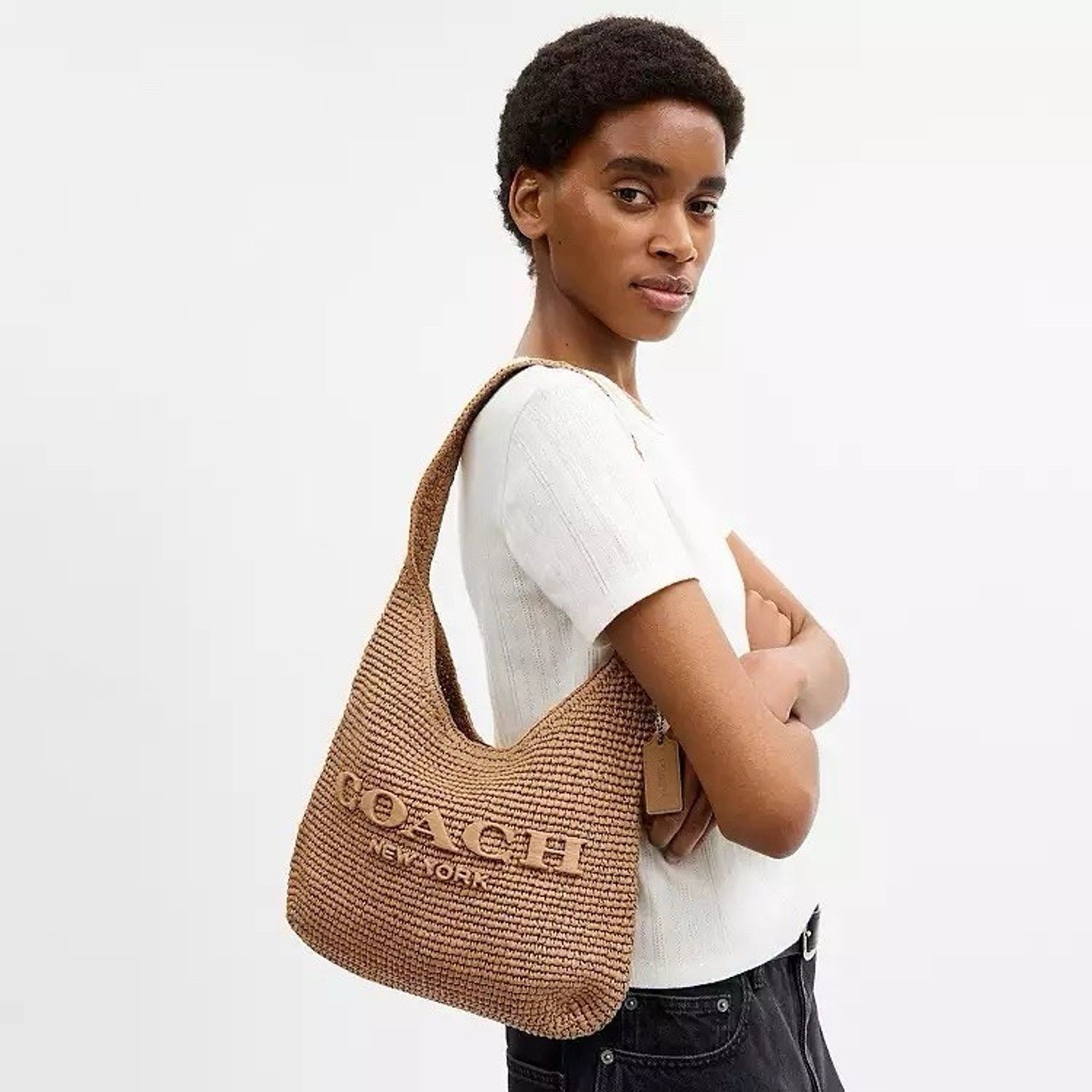 Coach NWT COACH Brooklyn 28 Straw Shoulder Bag CDU75 Brass/Natural Size ONE SIZE - 7 Thumbnail