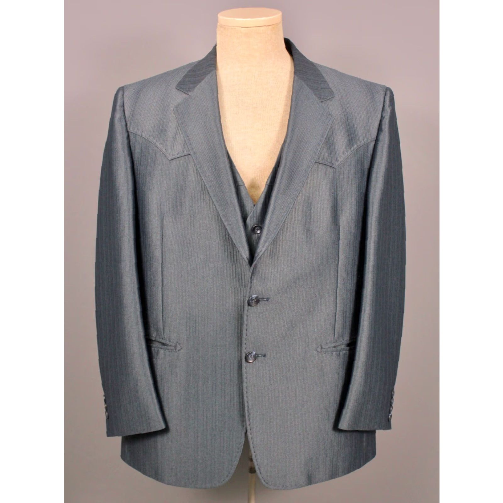 Vintage VINTAGE Sewell Men's VTG 70s Dark Blue 3 PC Western Leisure Suit Sz L 1970s Disco Polyester Men’s Shirt Size 36R - 3 Thumbnail