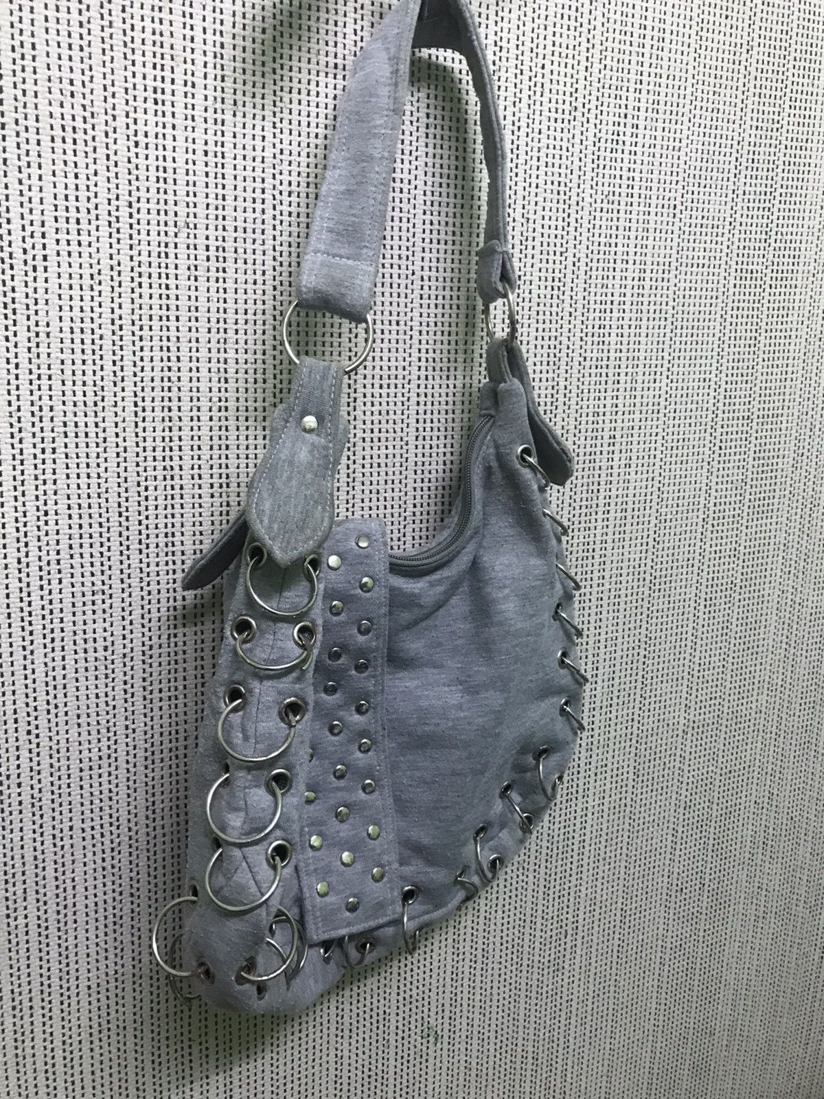 Japanese Brand “Grey Studded Punk Shoulder Bag with Grommet Lace-Up Design” Size ONE SIZE - 2 Thumbnail