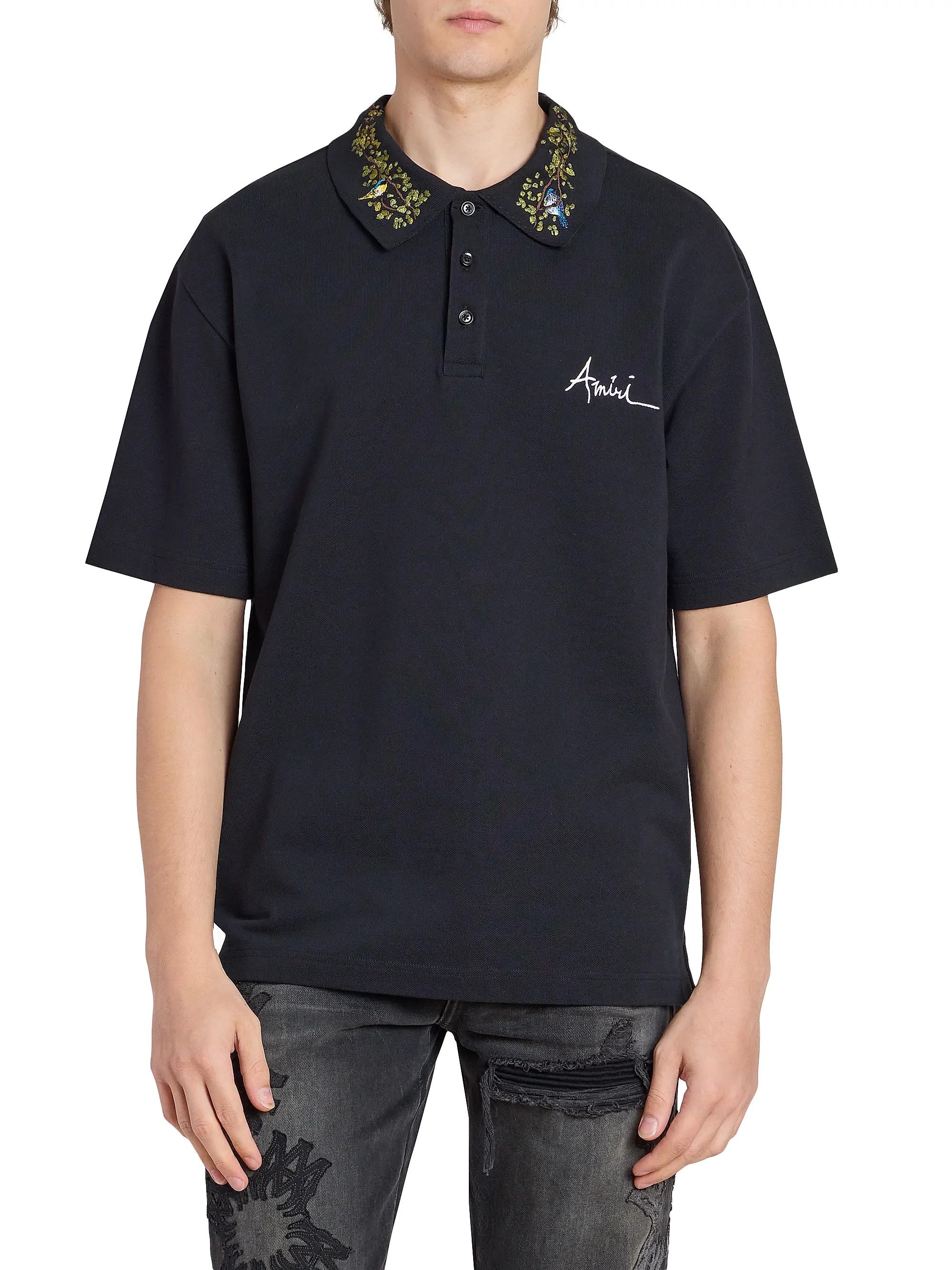Amiri os11x0526 Embroidered Floral Collar Polo Shirt in Black Size US S / EU 44-46 / 1 - 3 Thumbnail