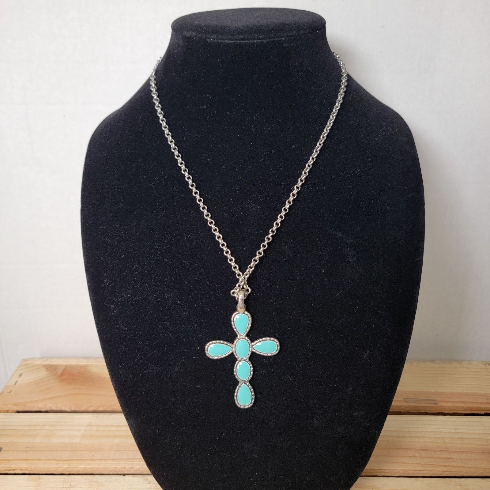 Other Unbranded 2-Sided Turquoise / Black Cross Necklace 10" Chain Size ONE SIZE - 1 Thumbnail