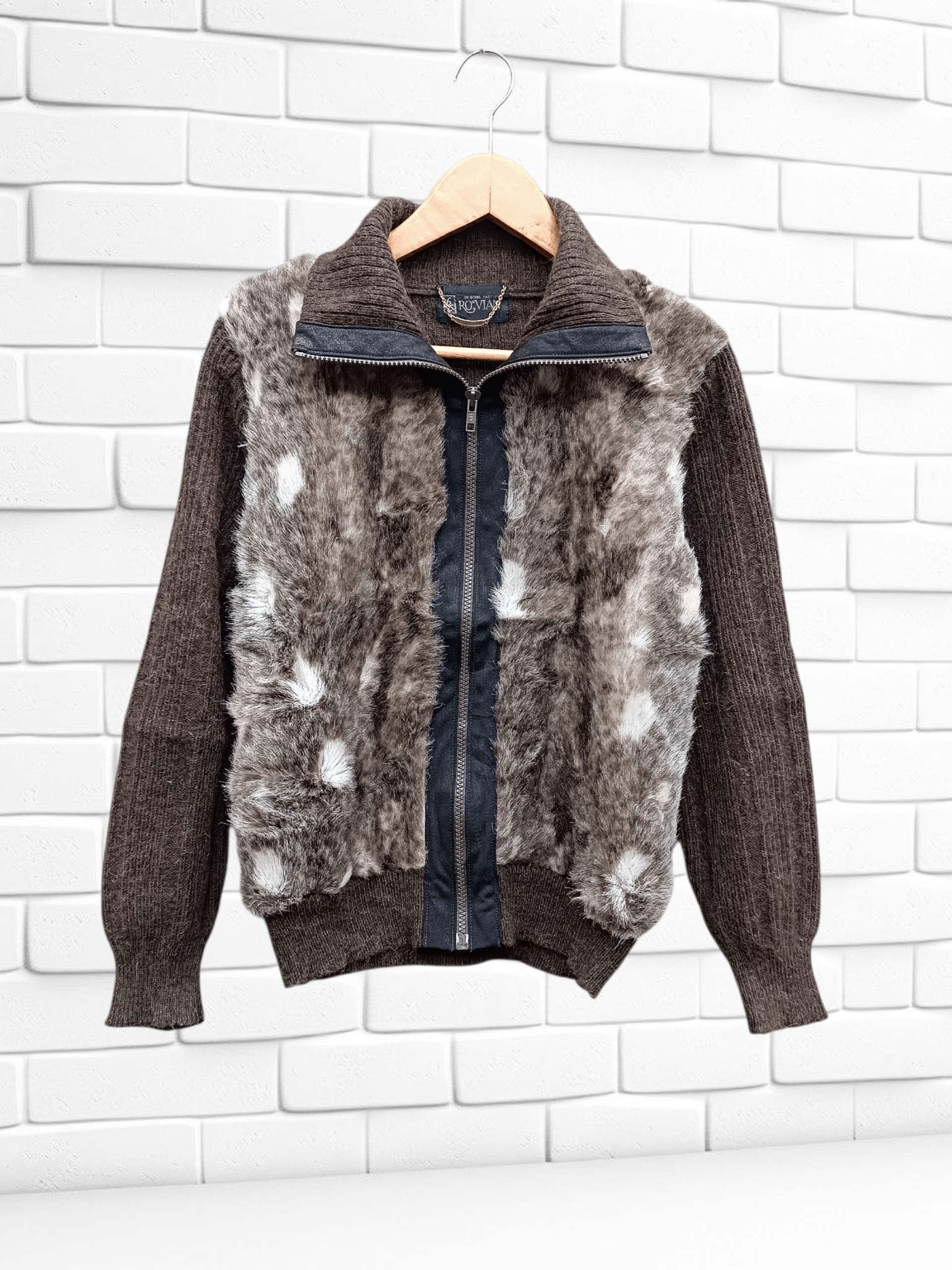 Vintage Y2K Wool Faux Fur Cardigan Zip Up Knit Sweater