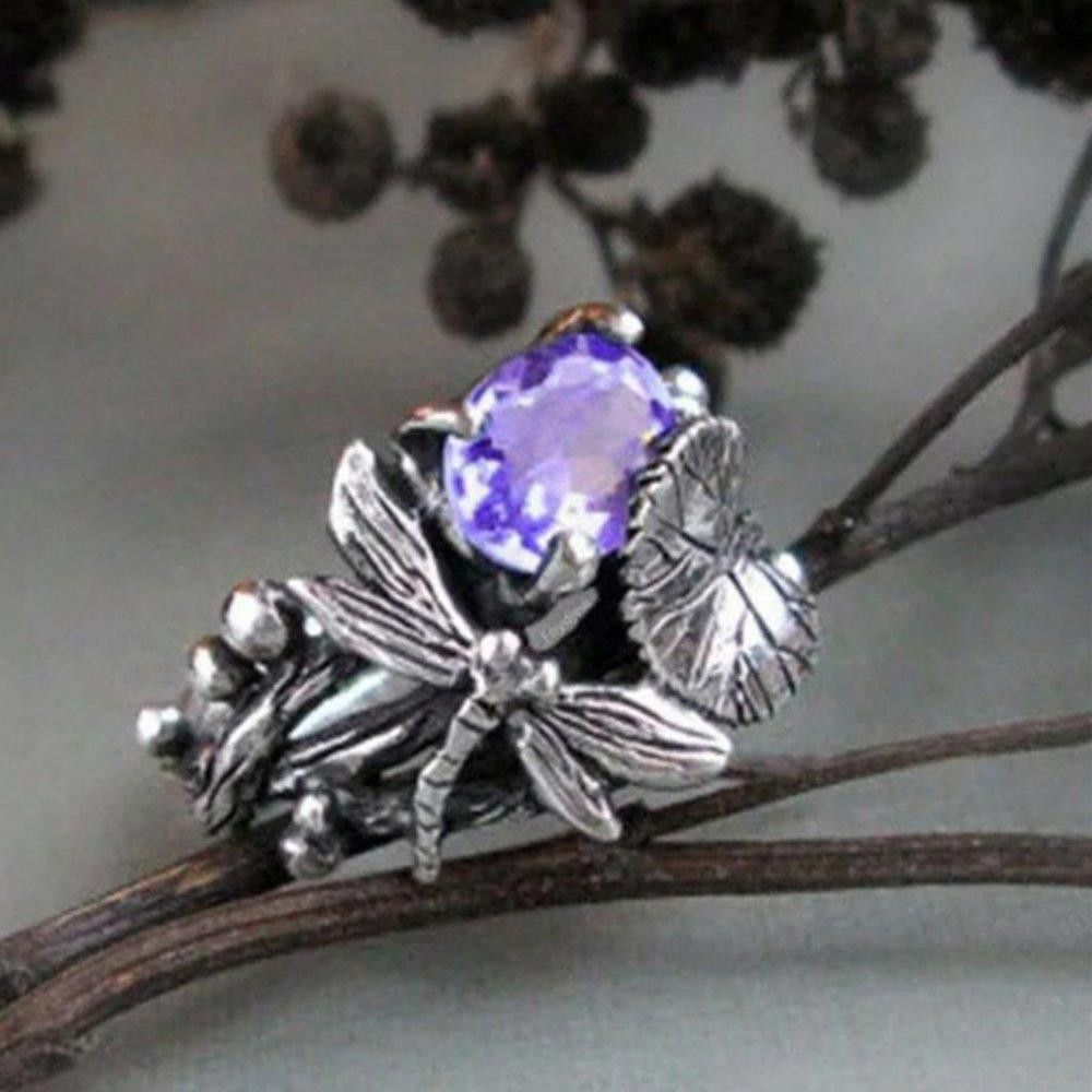 Designer Retro Vintage Leaf Dragonfly Purple Crystal Silver Ring Size ONE SIZE - 4 Thumbnail