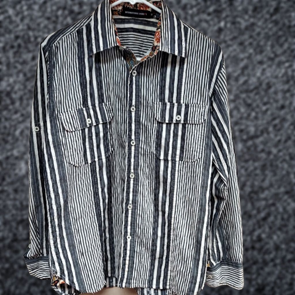Vintage Laundry International Striped Button-Down Shirt (Gray) Men M Long Sleeve Casual Shirt Size M / US 6-8 / IT 42-44 - 1 Thumbnail