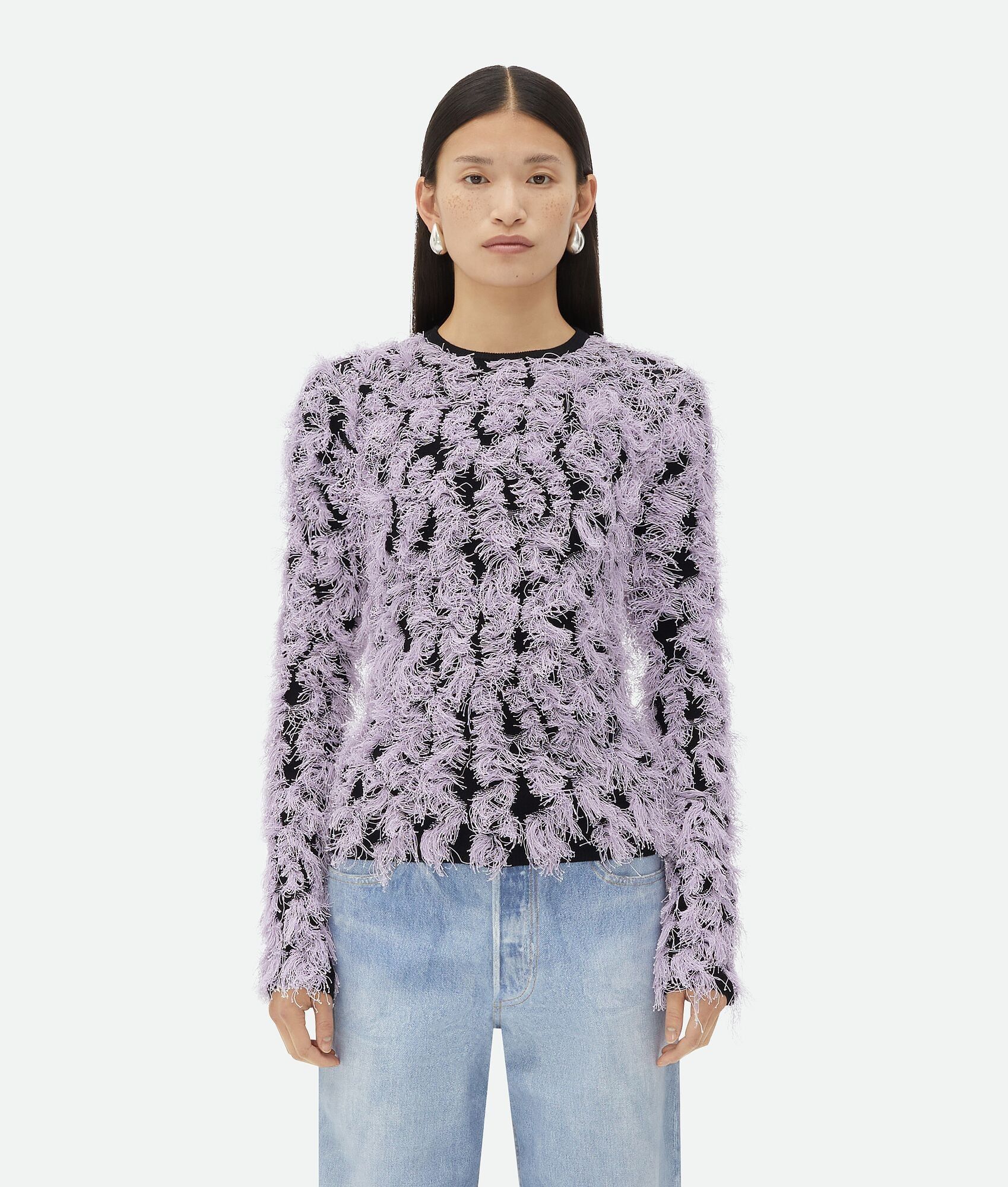 Bottega Veneta o1n1vont0625 Wool Fringed Sweater in Pale Lilac/Black Size XS / US 0-2 / IT 36-38 - 1 Thumbnail