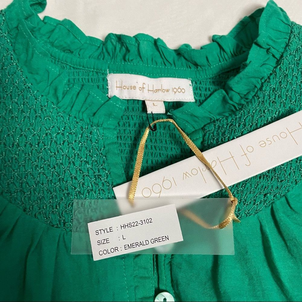 House of Harlow NWT New House of Harlow Emerald Green Eyelet Smocked Cotton Size L / US 10 / IT 46 - 7 Thumbnail