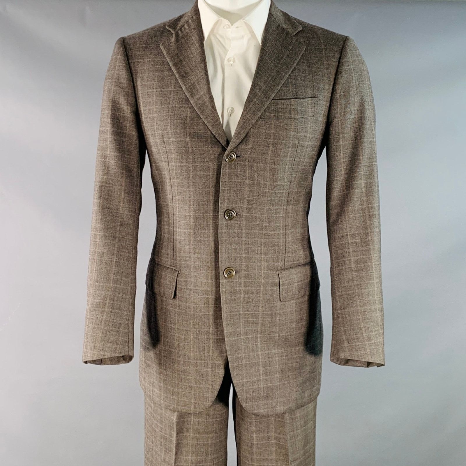 Luciano Barbera LUCIANO BARBERA 38 Brown Plaid Wool Notch Lapel Pleated Suit Size 38R - 1 Thumbnail
