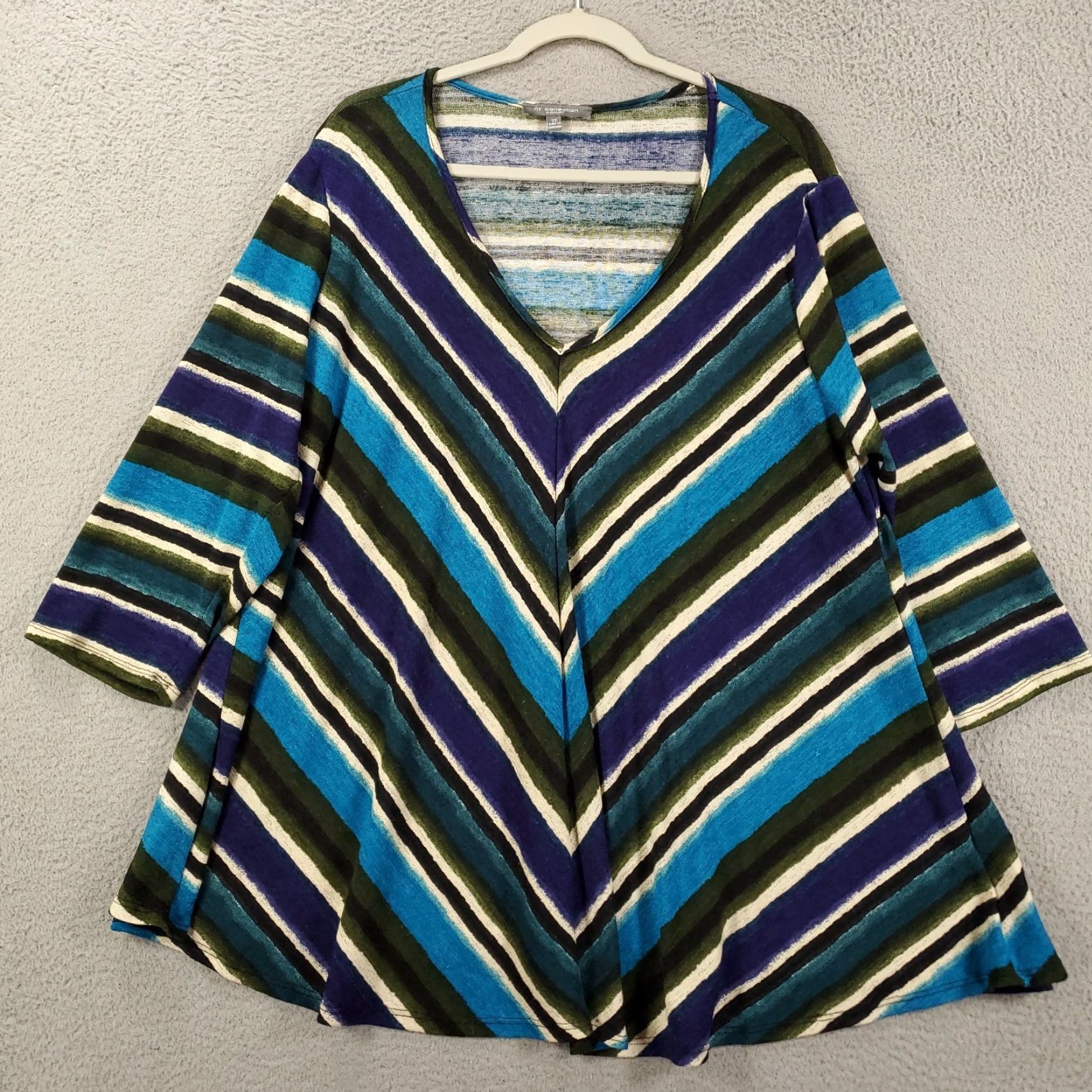 Vintage Womens Tunic Top Size 2X Blue Green White Striped V Neck Pullover Blouse Stretch Size XXL / US 16-18 / IT 52-54 - 2 Thumbnail
