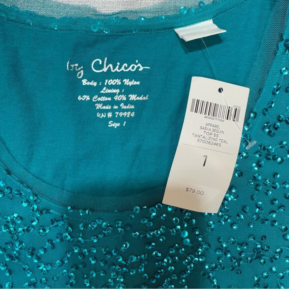 Chicos NWT New $79 Chico's Sasha Sequin Teal Tee Size 1 US M Size M / US 6-8 / IT 42-44 - 6 Thumbnail