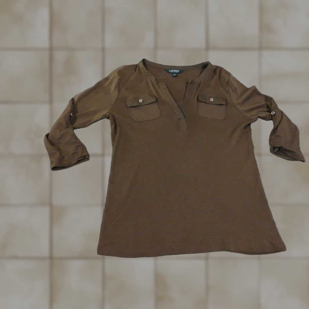 Ralph Lauren Lauren Ralph Lauren Blouse Shirt Womens M Green Stretch V-Neck Pockets Knit Cotton Blend Regular Size M / US 6-8 / IT 42-44 - 1 Thumbnail
