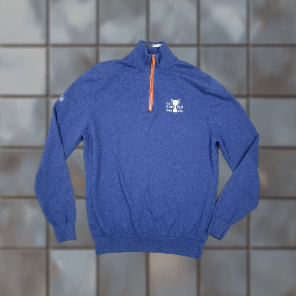 Collars & Co. Men's Large Blue Cotton Cashmere 1/4 Zip Pullover Sweater Pebble Beach Golf Activewear