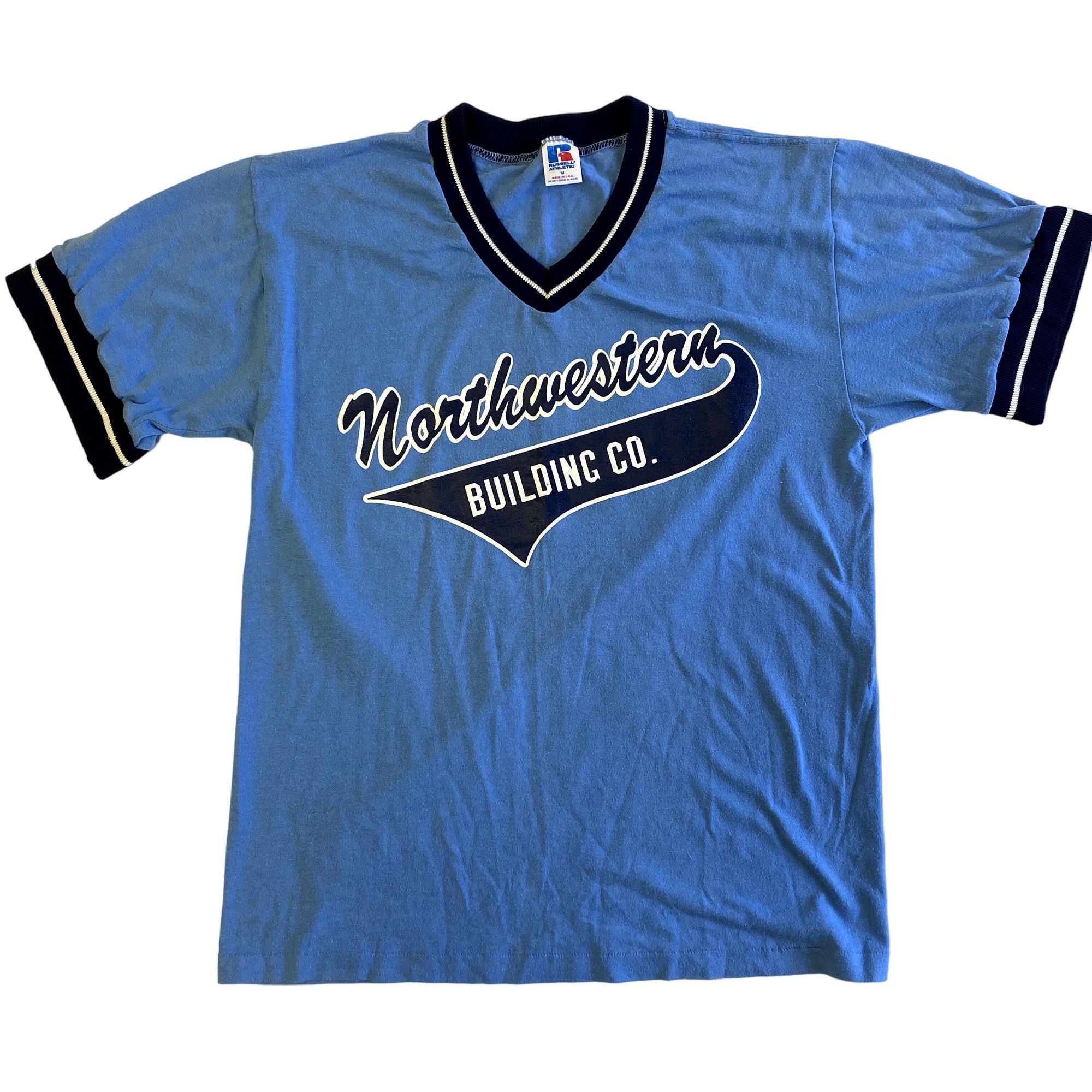 image of Russell Athletic 80's Athletic 2 Tone Northwestern Building Co Ringer Jersey in Blue (Size Medium)