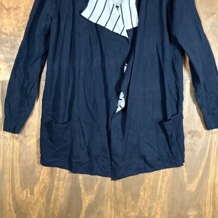 Loft Ann Taylor LOFT Womens Cardigan Navy Blue Striped Open Draped Knit Sweater L Size L / US 10 / IT 46 - 3 Thumbnail