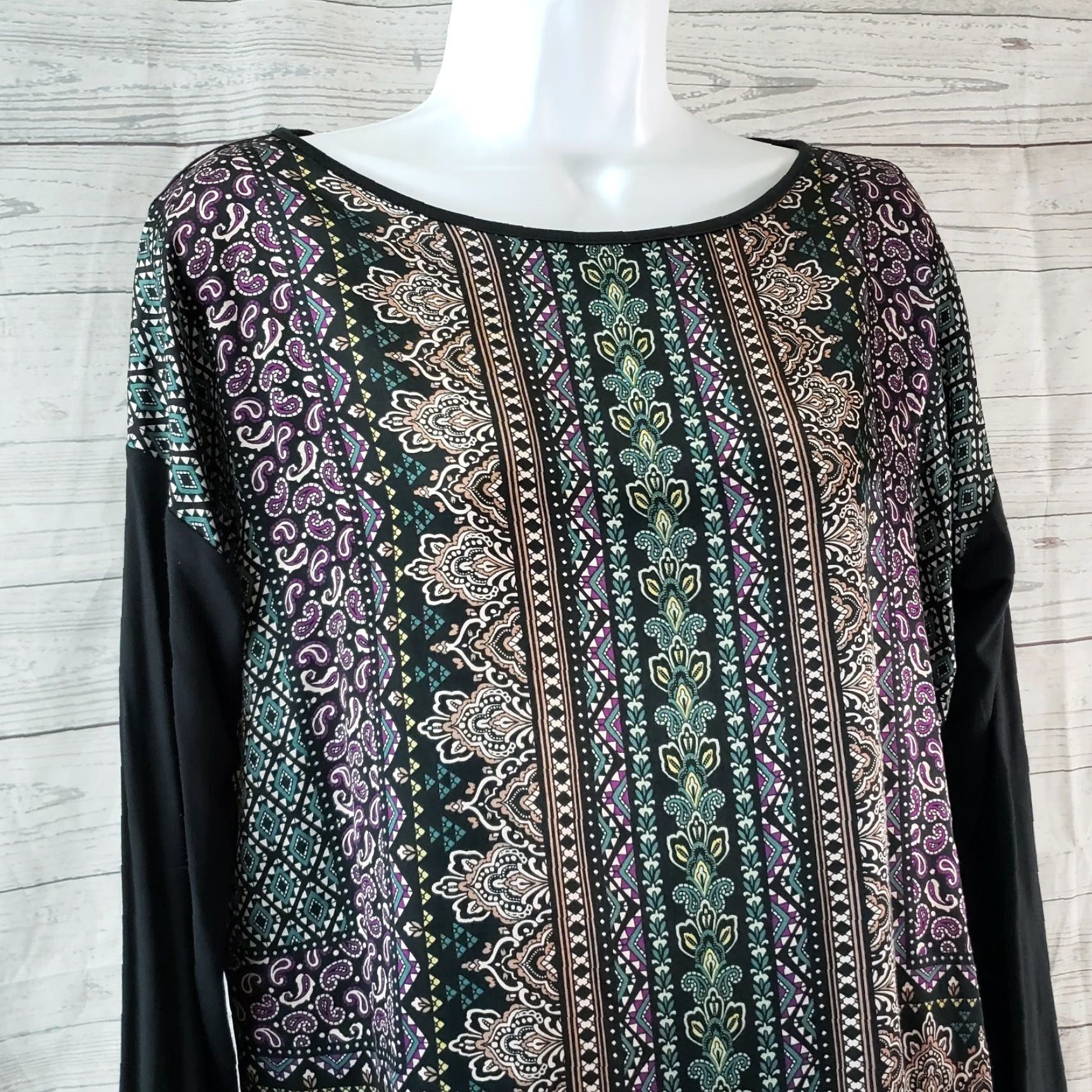J. Jill J Jill Womens Paisley Printed Top Blouse Long Sleeve Rayon Boat Neck XS PXS Black Purple Womens Size XS / US 0-2 / IT 36-38 - 2 Thumbnail