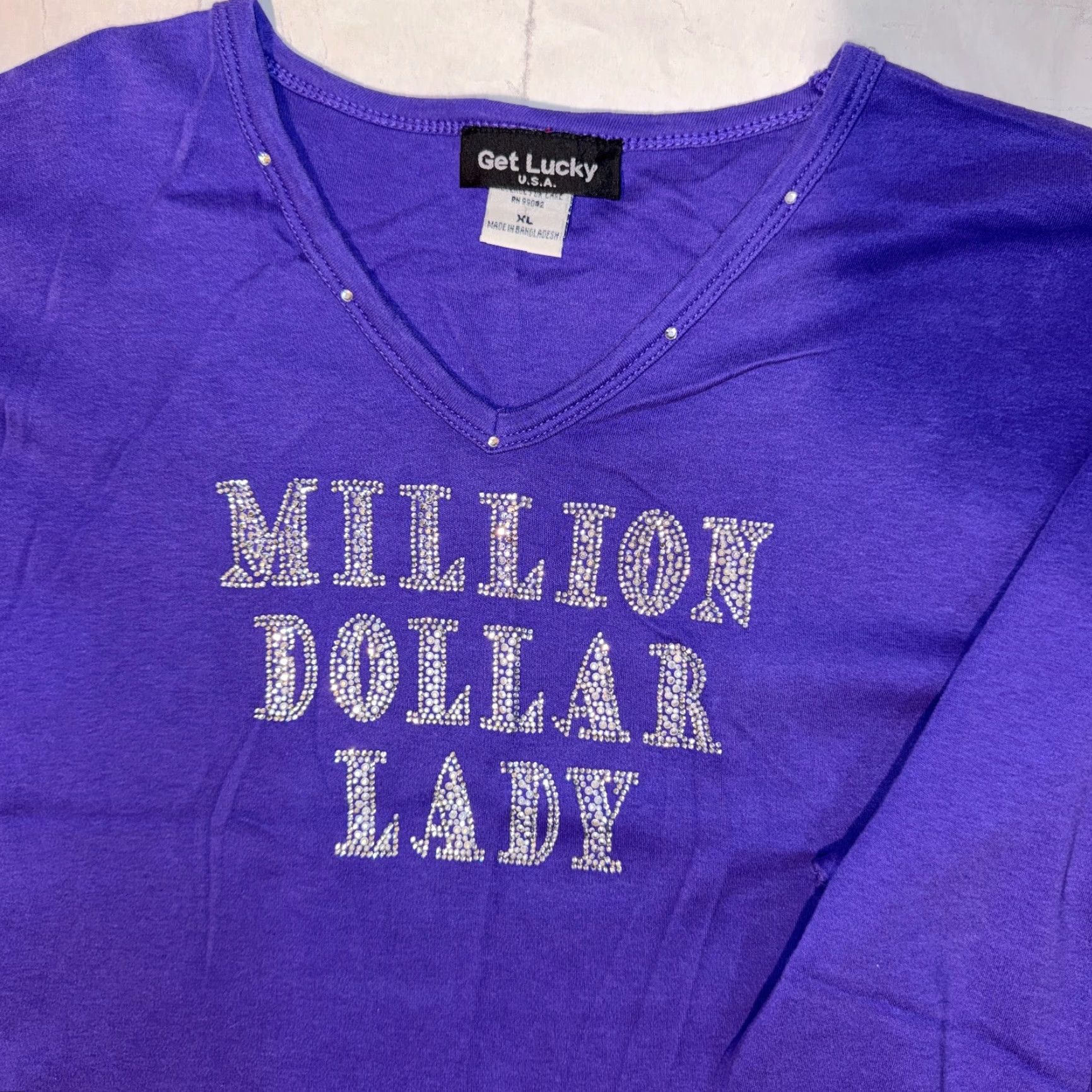 Vintage Get Lucky Tshirt 3/4 Sleeve Purple Rhinestone Bling Logo XL Lot Of 2 USA Size XL / US 12-14 / IT 48-50 - 2 Thumbnail