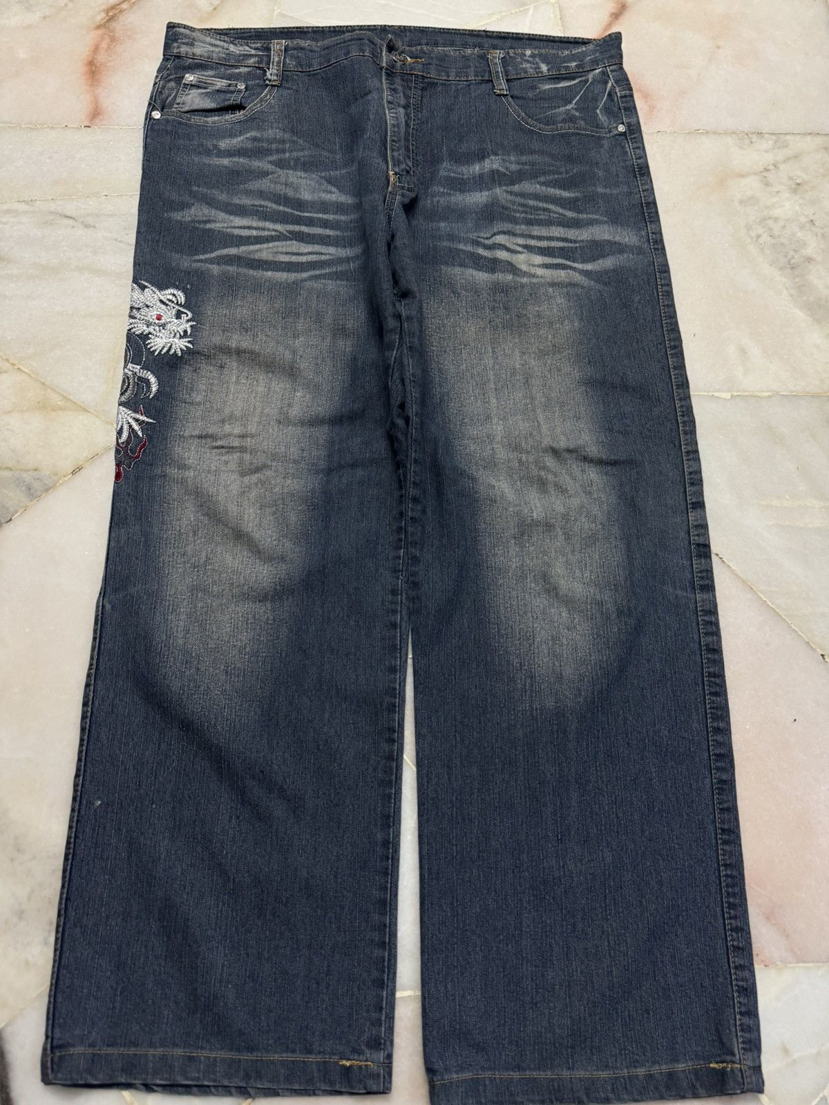 Seditionaries 💥WIDE💥JAPANESE TATTOO DRAGON EMBROIDERY BAGGY JEANS RARE Size US 36 / EU 52 - 2 Thumbnail