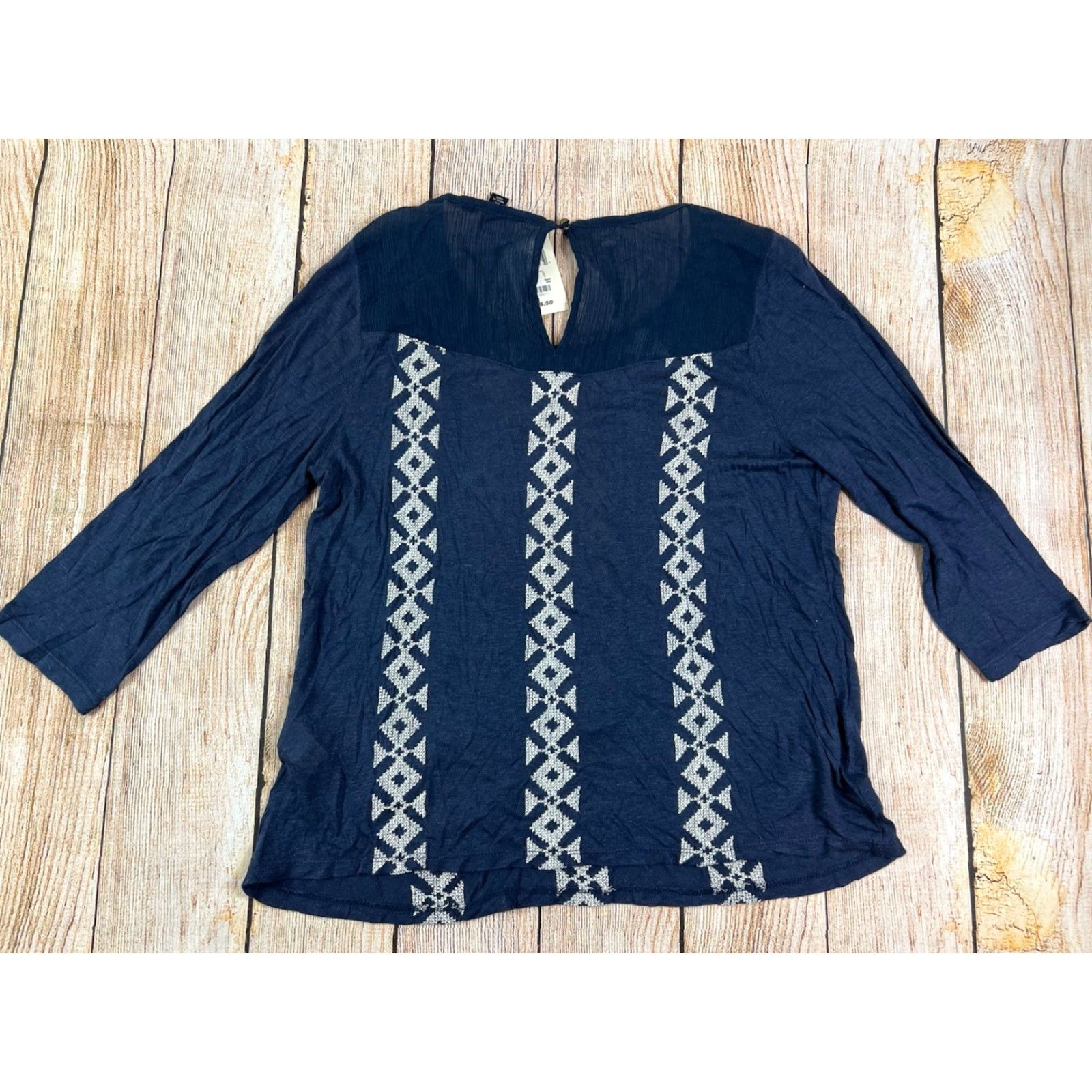 Lucky Brand NWT Lucky Brand Embroidered Geometric 3/4 Sleeve Blouse Blue Shirt M Women Size M / US 6-8 / IT 42-44 - 2 Thumbnail