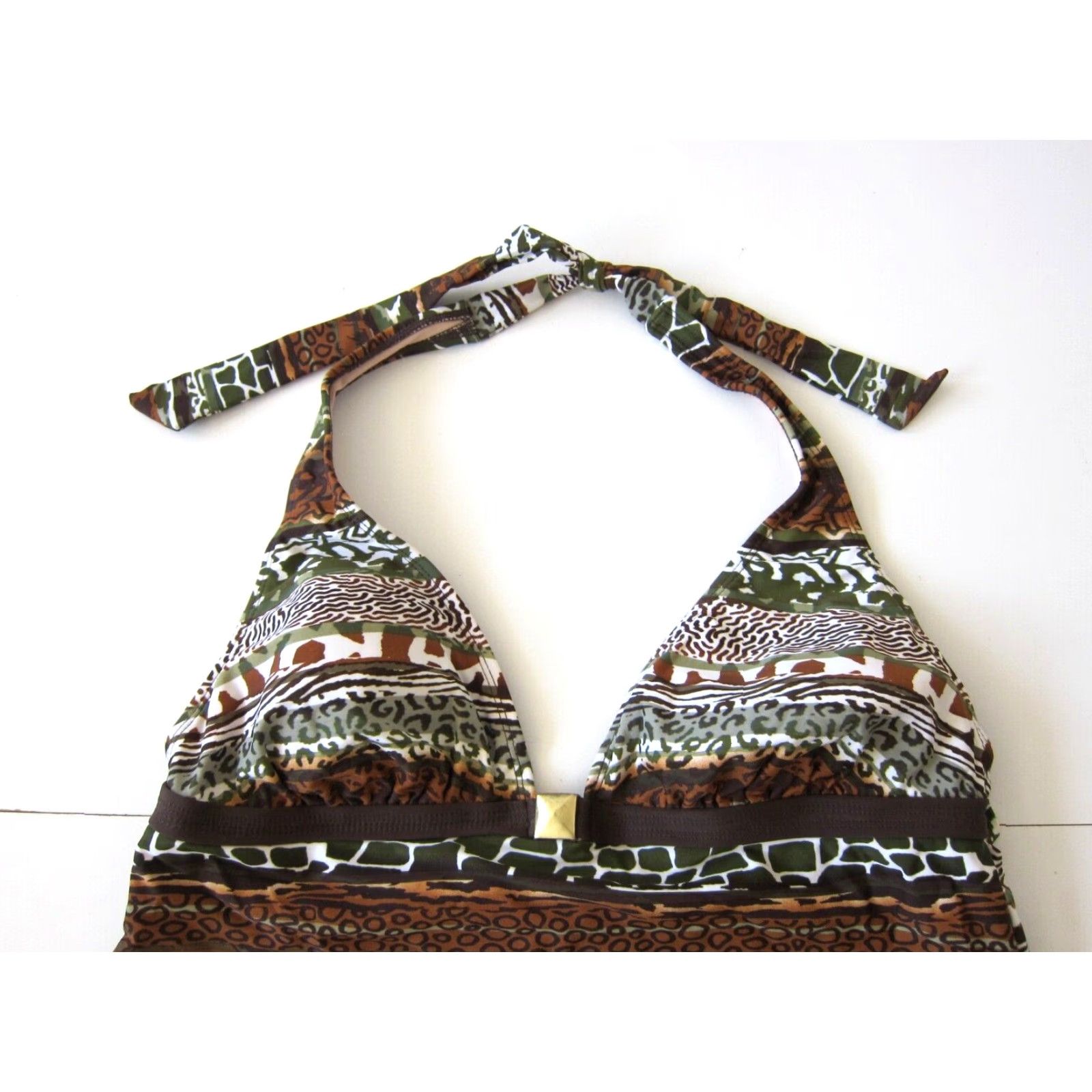 Vintage Jaclyn Smith Green Brown Animal Print Built In Bra Halter Tankini Swim Top 16 Size XXL / US 16-18 / IT 52-54 - 6 Thumbnail