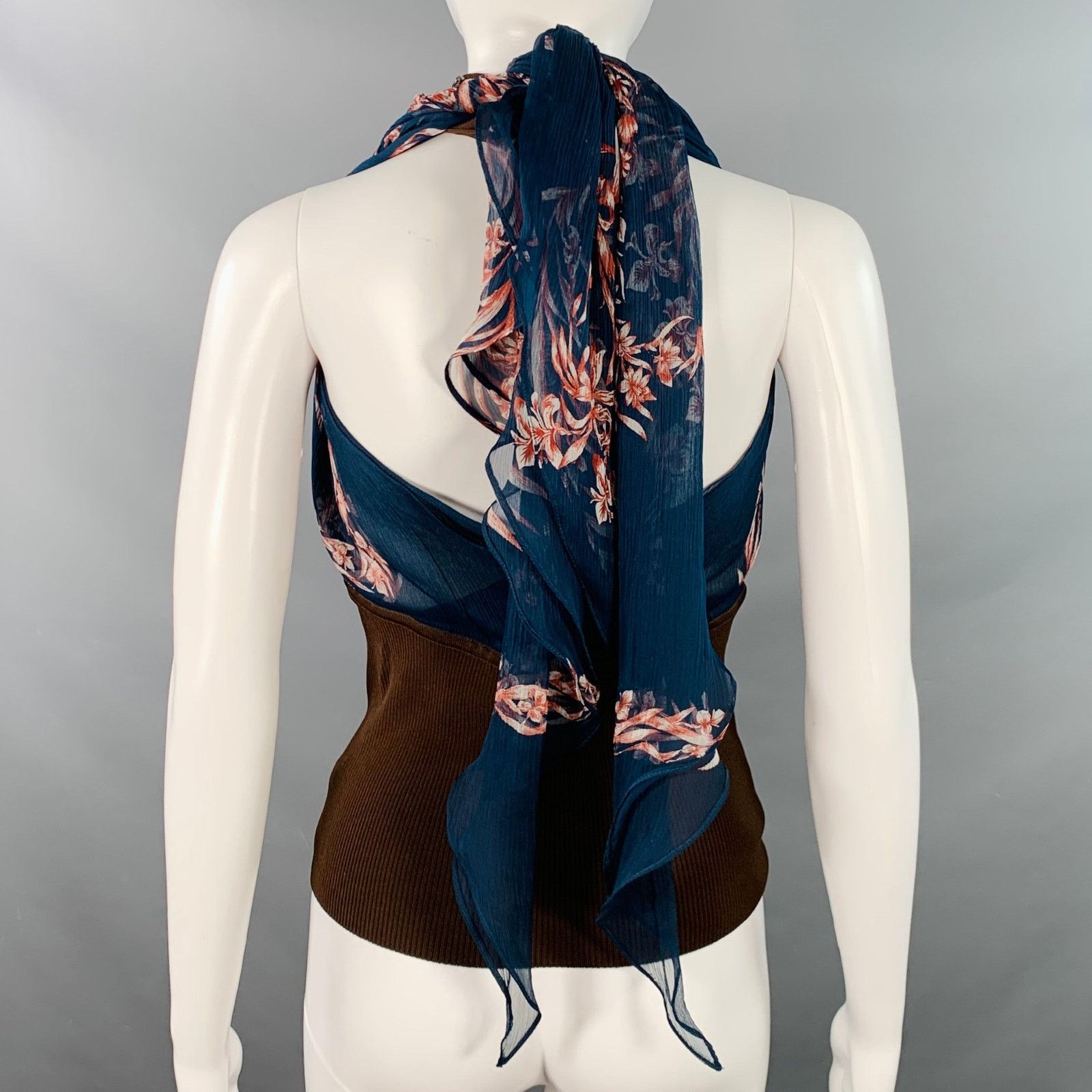 Hermes Brown Cobalt Viscose Blend Silk Scarf Halter Dress Top Size S / US 4 / IT 40 - 4 Thumbnail