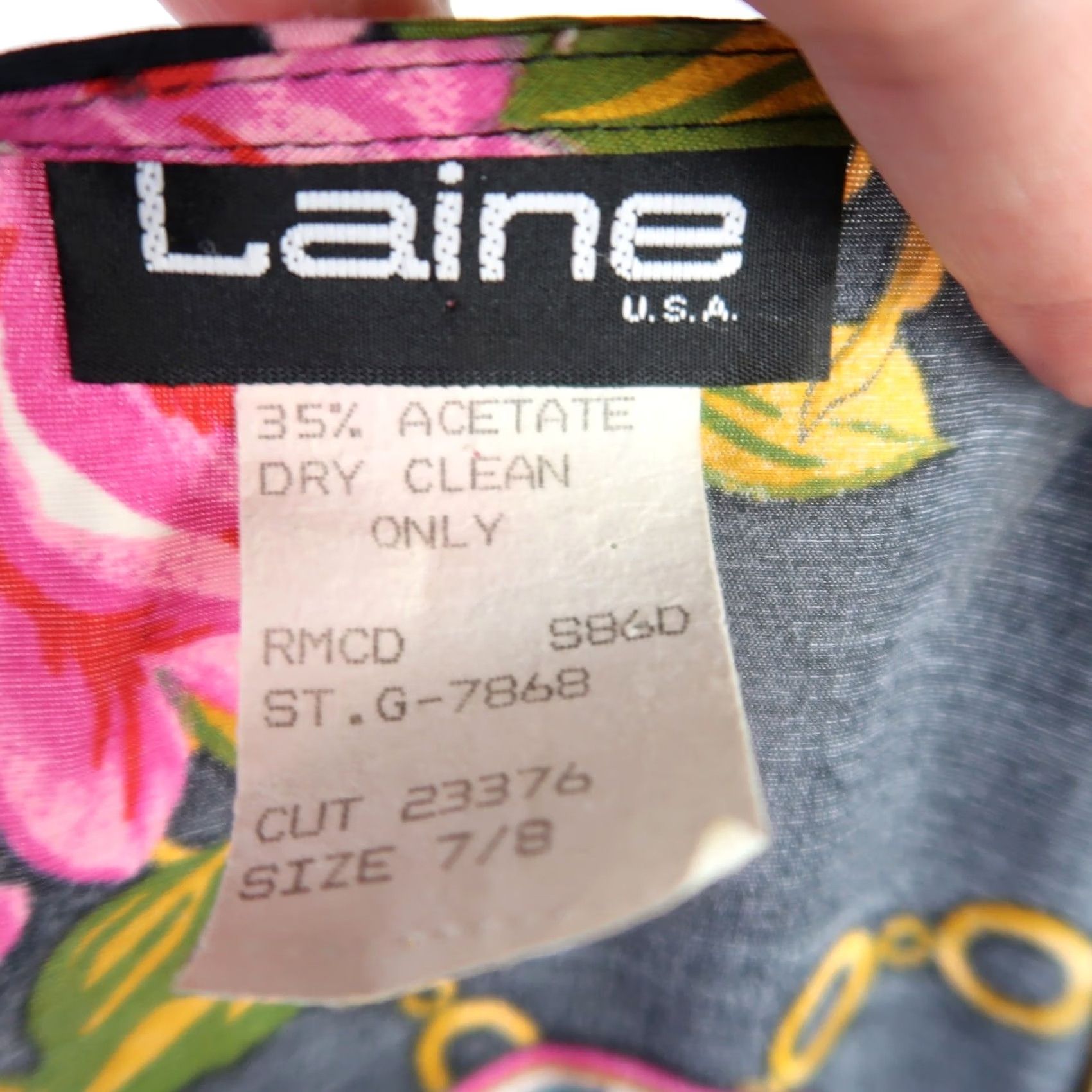 Vintage VINTAGE Laine Shirt Dress Midi 8 Black Pink Rose Floral Chain Print 80s Bohemian Short Sleeve Pockets Size M / US 6-8 / IT 42-44 - 7 Thumbnail