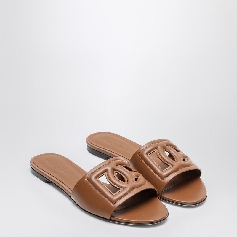 Dolce&Gabbana Brown Leather Slides With Dg Logo