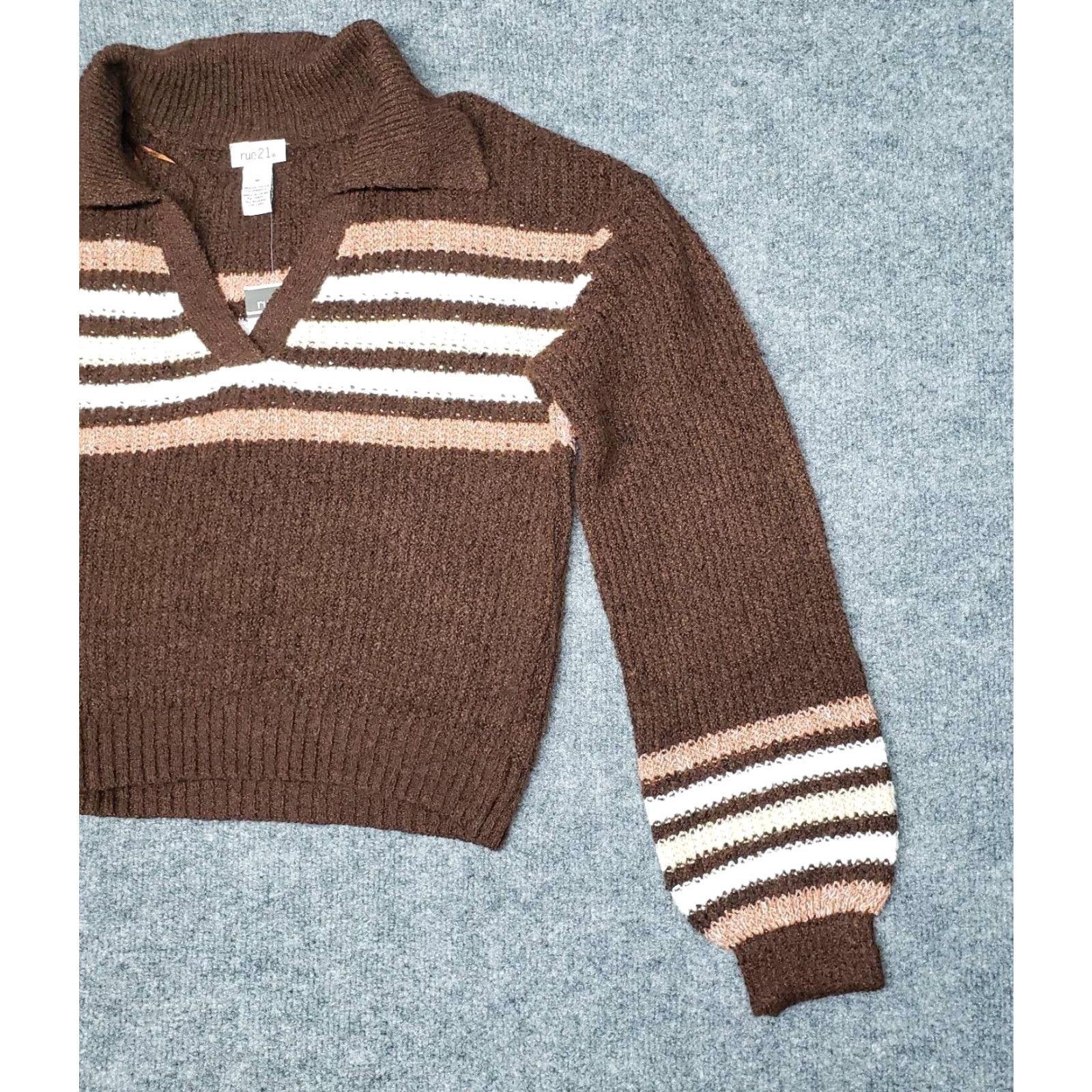 Vintage Rue21 Sweater Womens M Brown Striped Collared Ribbed Knit Pullover New Size M / US 6-8 / IT 42-44 - 4 Thumbnail
