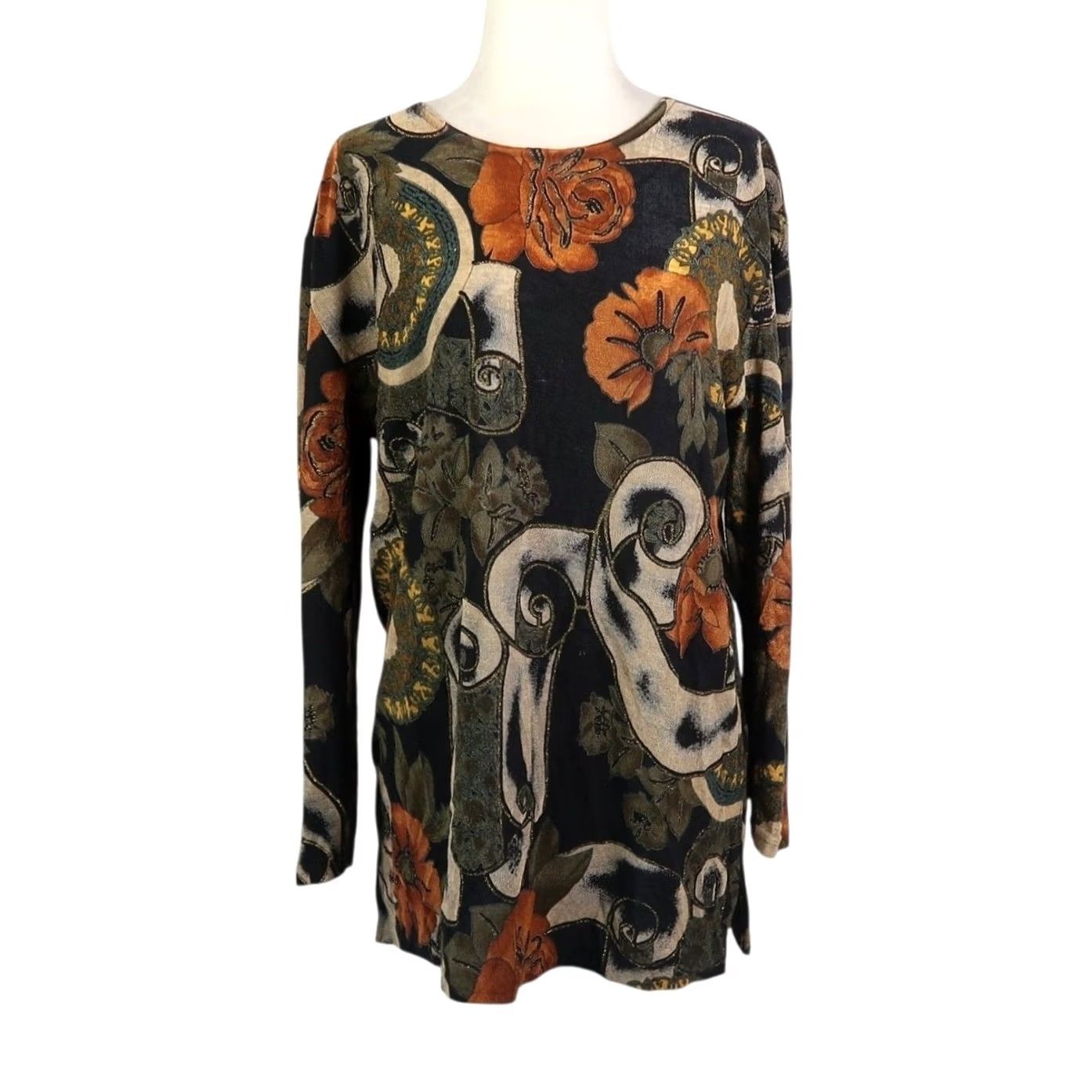 Vintage VINTAGE Superline Floral Jersey Tee Long Sleeve Tunic Womens 90s Bohemian Black Orange Size L / US 10 / IT 46 - 2 Thumbnail