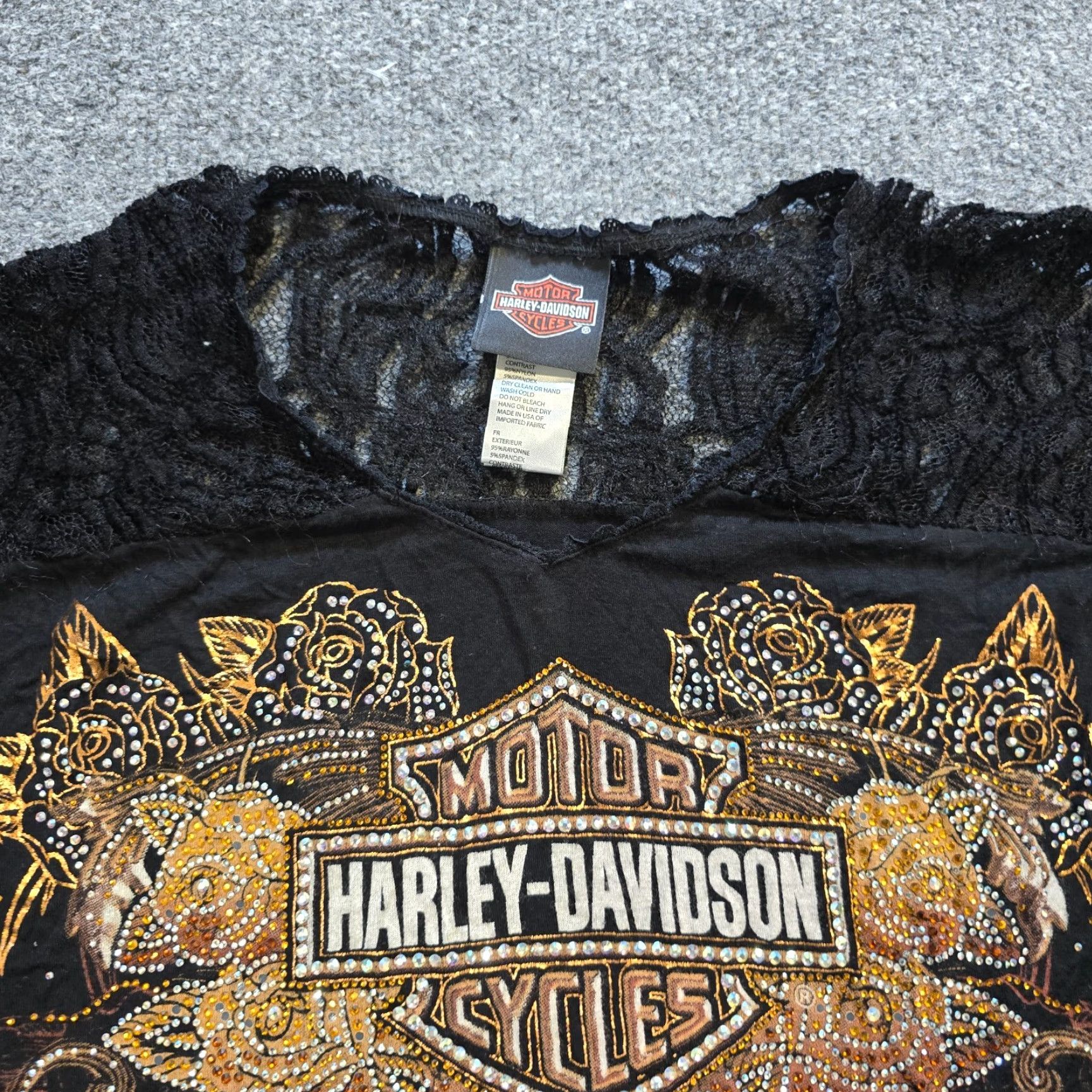 Harley Davidson Harley-Davidson Top Women L Black Lace Trim Rhinestone Biker Motorcycle Shirt Short Sleeve Round Neck T-Shirt Made in China Mens Womens Girls Boys Size L / US 10 / IT 46 - 2 Thumbnail