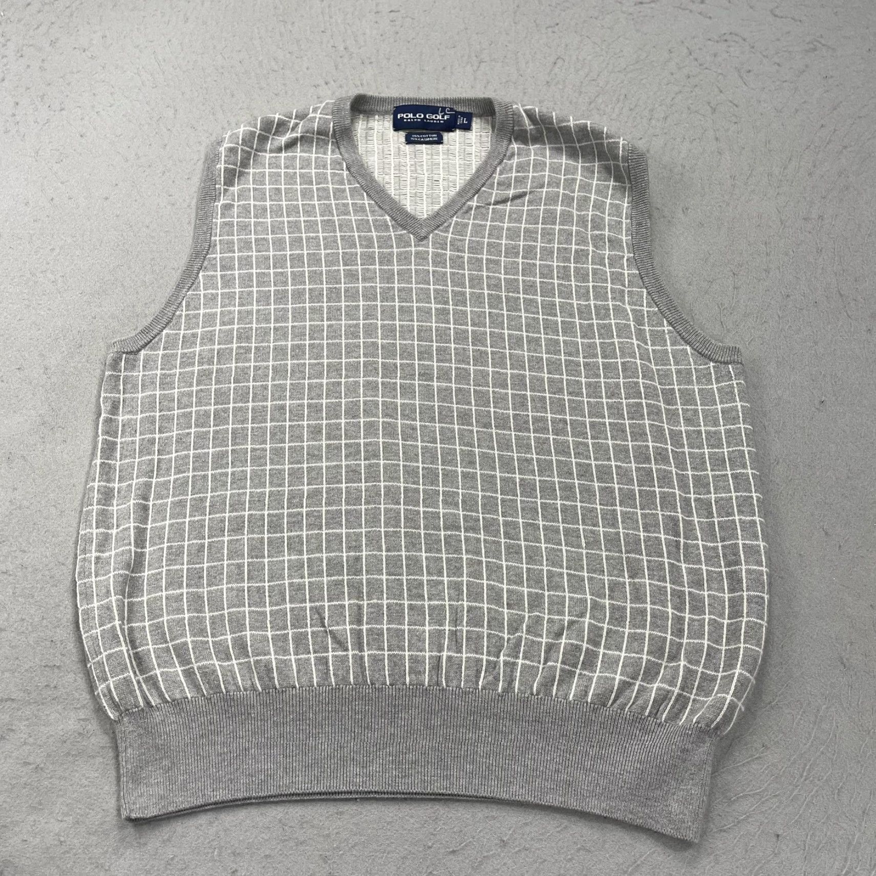 Polo Ralph Lauren VINTAGE Polo Ralph Lauren Golf Sweater Vest Mens Large Gray Check Knit V-Neck Cashmere Cotton Size US L / EU 52-54 / 3 - 2 Thumbnail