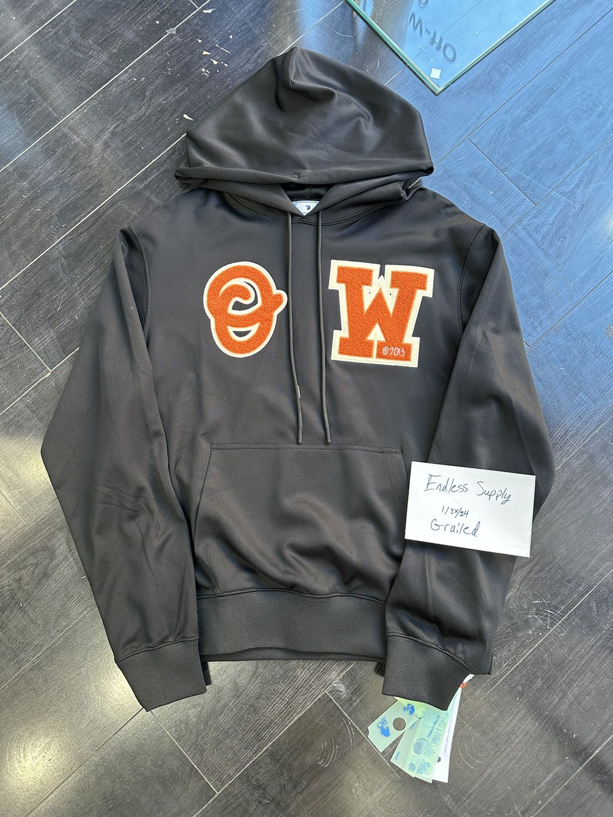 image of Off White “Ow” Patch Slim Hoodie Black/orange, Men's (Size Medium)