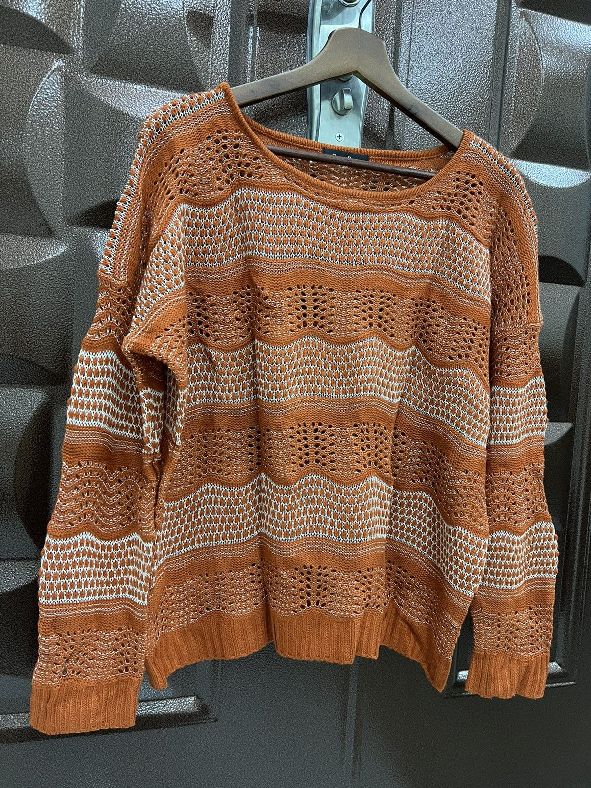 Japanese Brand ROMAREED Orange Crochet Transparent Breathable Knit Sweater Size L / US 10 / IT 46 - 3 Thumbnail