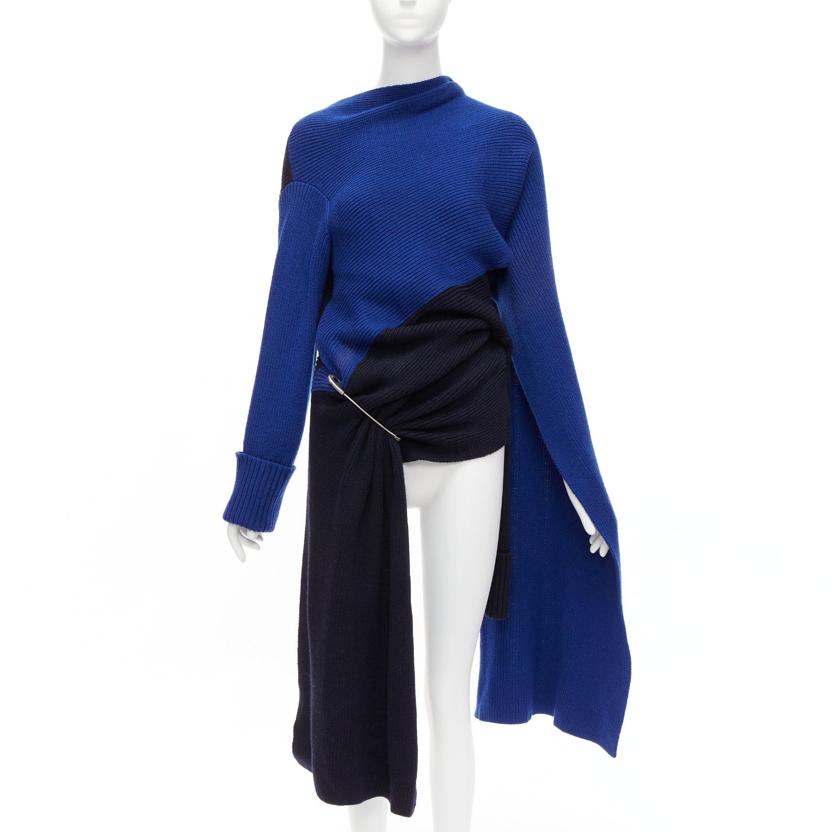 image of Monse Runway Merino Wool Blue Navy Colorblock XL Pin Cape Sleeve Sweater Xs, Women's (Size Small)