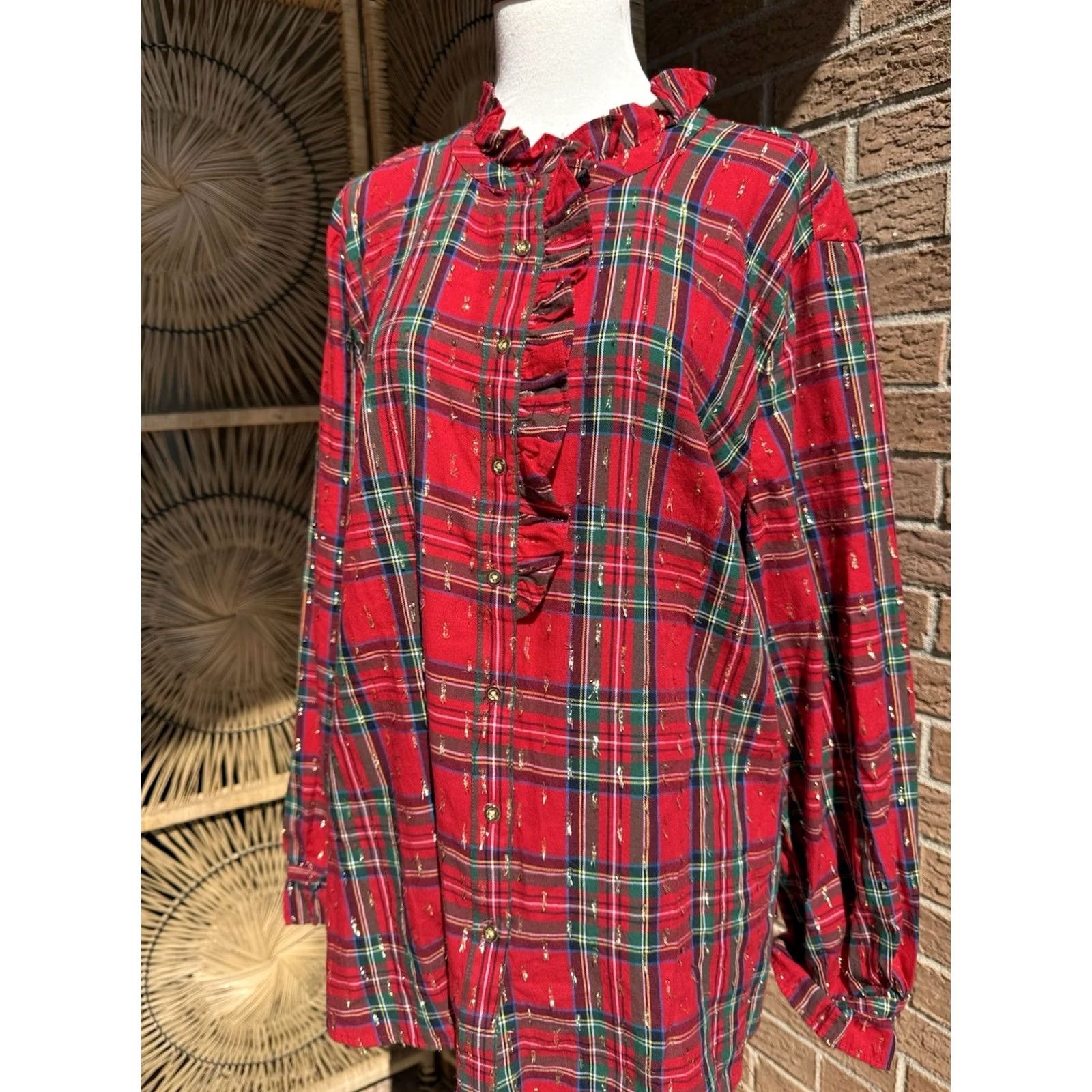 Talbots Talbots Button Up Shirt XL Red White Plaid Shimmer Ruffle Long Sleeves Woman Regular Sleeves Button-Up Casual Holiday Colorful Canvas? Size XL / US 12-14 / IT 48-50 - 3 Thumbnail