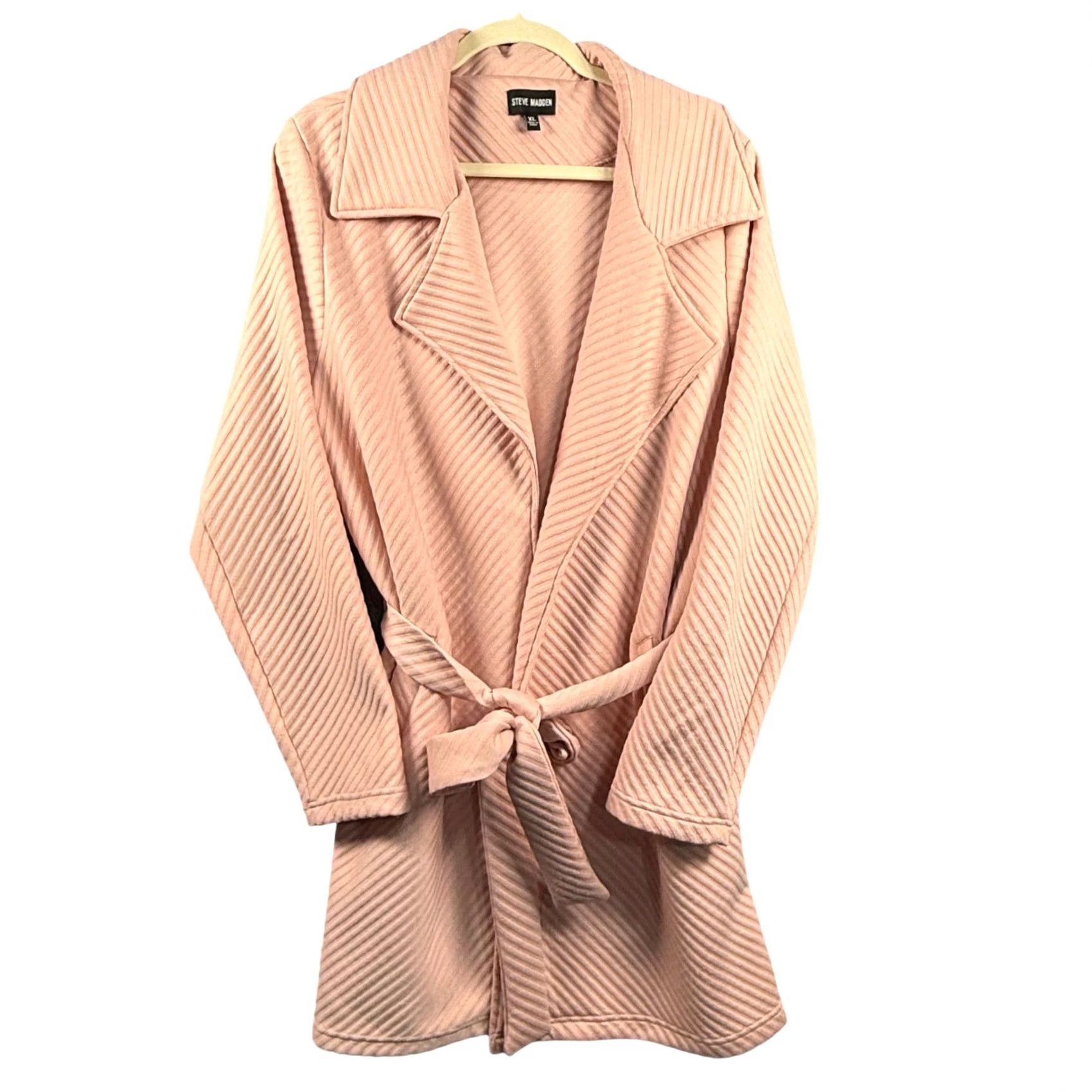 Steve Madden Steve Madden XL Women Trench Coat Knit Tie Waist Mid-Length Pink Ribbed Textured Solid Size XL / US 12-14 / IT 48-50 - 3 Thumbnail