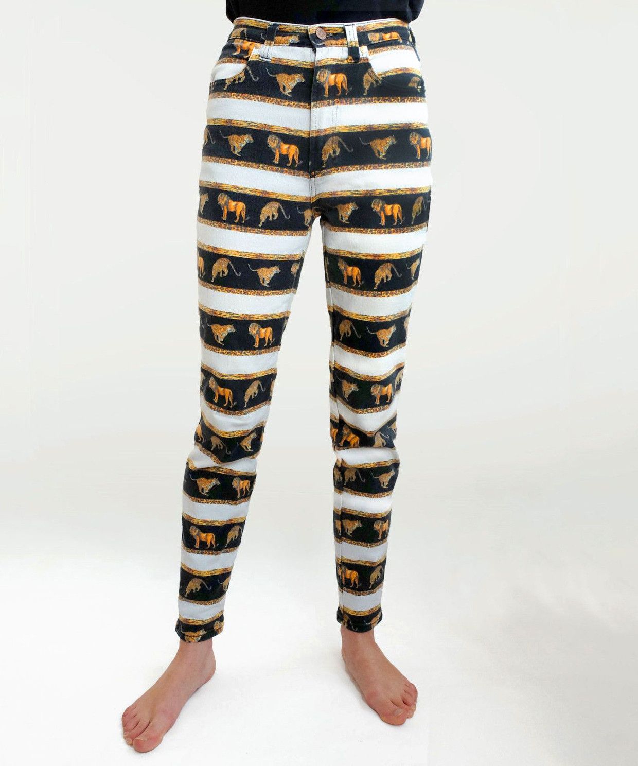 image of Versace Jeans Pants Printed Tiger Lion Denim Black White, Men's (Size 28)