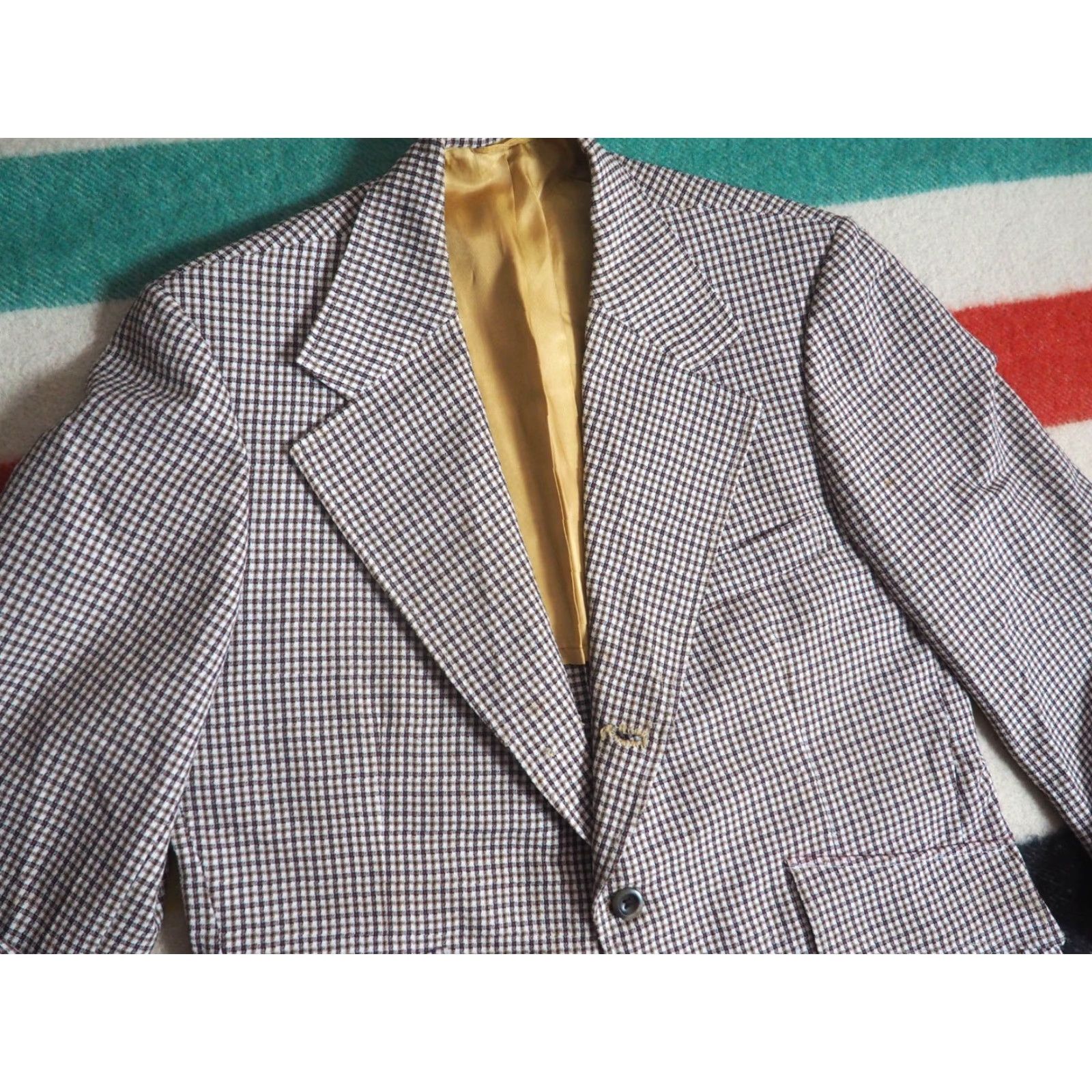 Vintage VINTAGE Johnny Carson Blazer Jacket Gingham 3 Button Brown White 60s 70s Polyester 42 Mens Size 42R - 3 Thumbnail