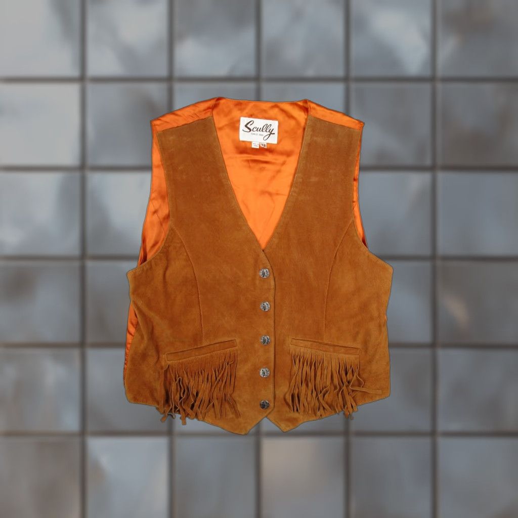 VINTAGE Scully Vest Womens 12 Brown Suede Leather Fringe Western Cowboy Snap Front