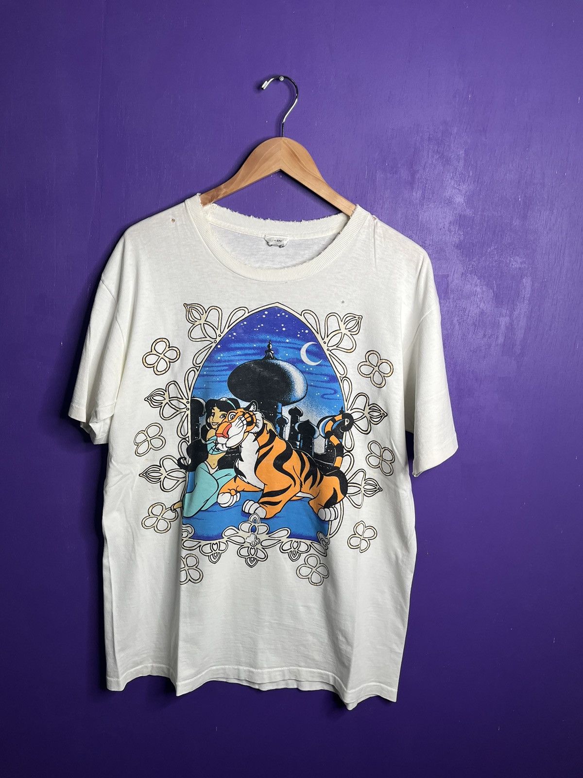 image of Vintage 90's Disney Aladdin Jasmin/tiger Movie Promo T-Shirt in White, Men's (Size XL)