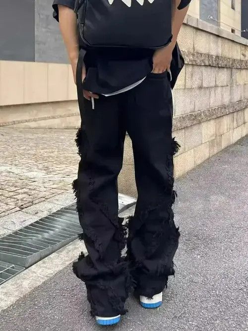 Japanese Brand Black Color Pants with raw edges loose trousers Size US 31 - 3 Thumbnail