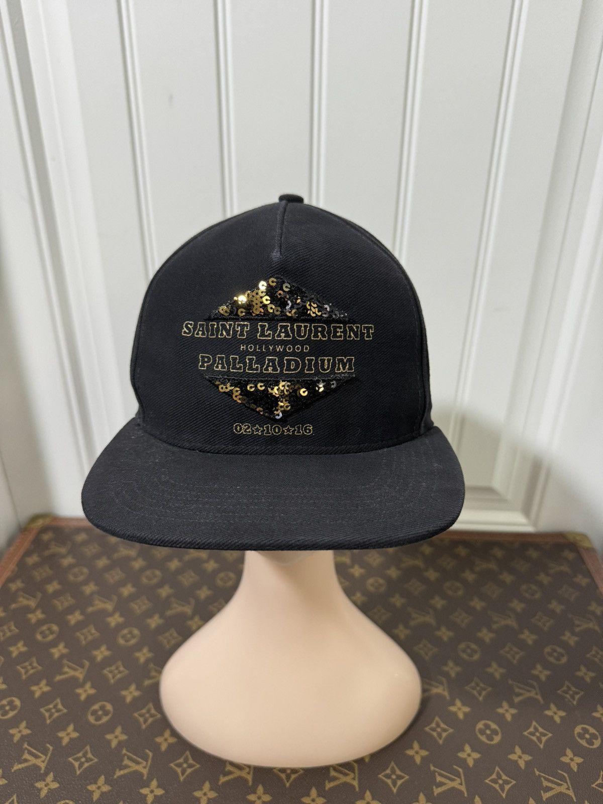 image of Saint Laurent Paris Hollywood Palladium Sequin Hat in Black, Men's