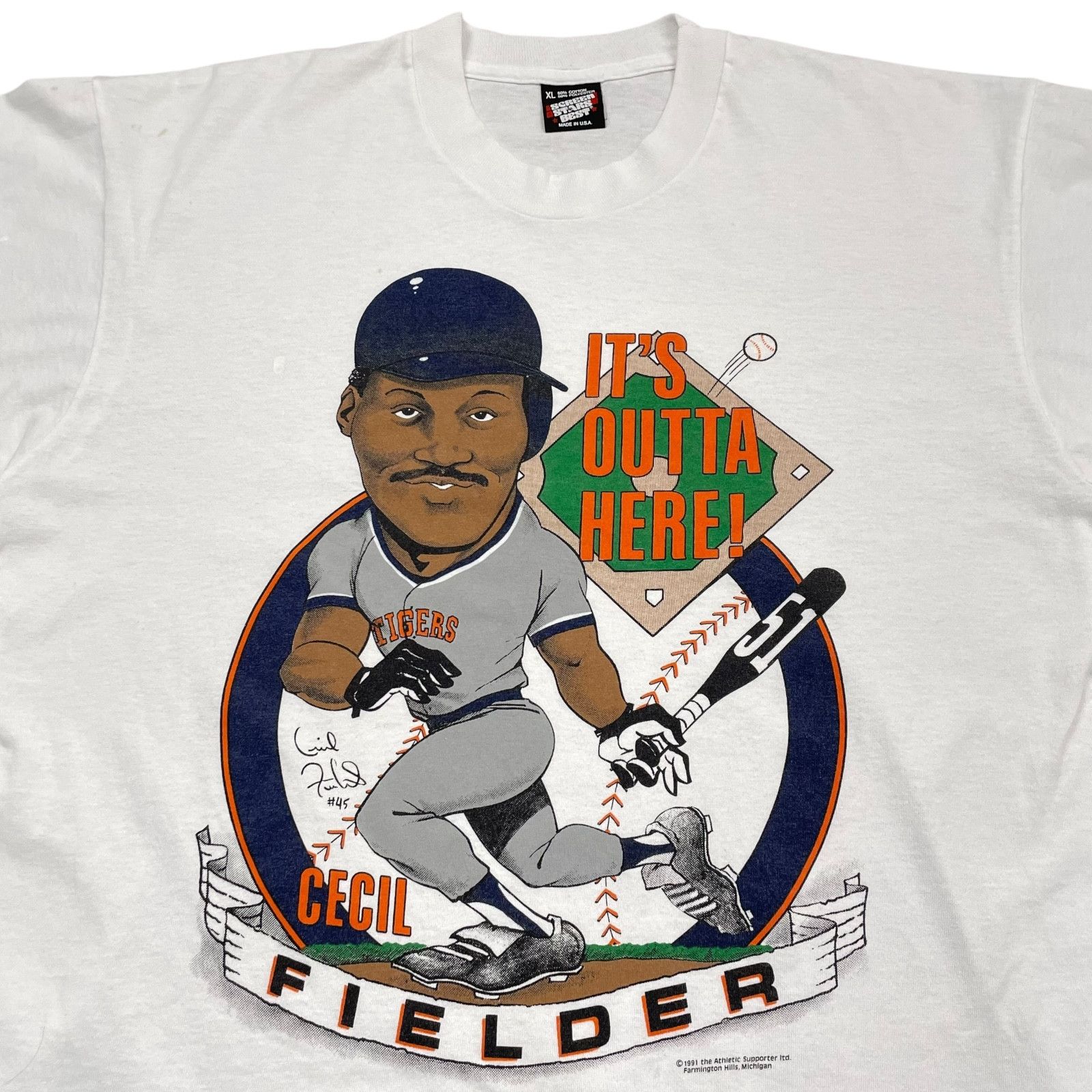 MLB VTG 90s DETROIT TIGERS CECIL FIELDER CARICATURE T-SHIRT 1991 Size US XL / EU 56 / 4 - 2 Thumbnail