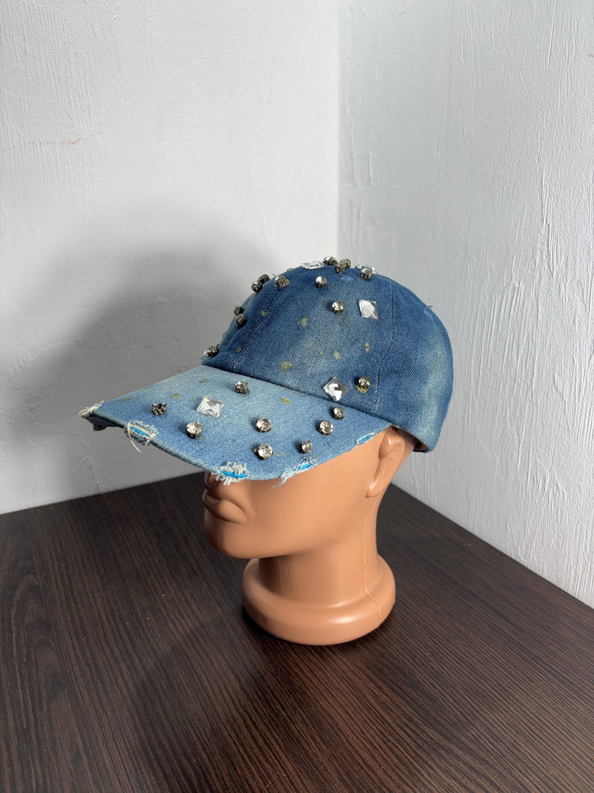 Japanese Brand VTG Rhinestone IfSixWasNine style Distressed Denim Cap Hat Size ONE SIZE - 3 Thumbnail