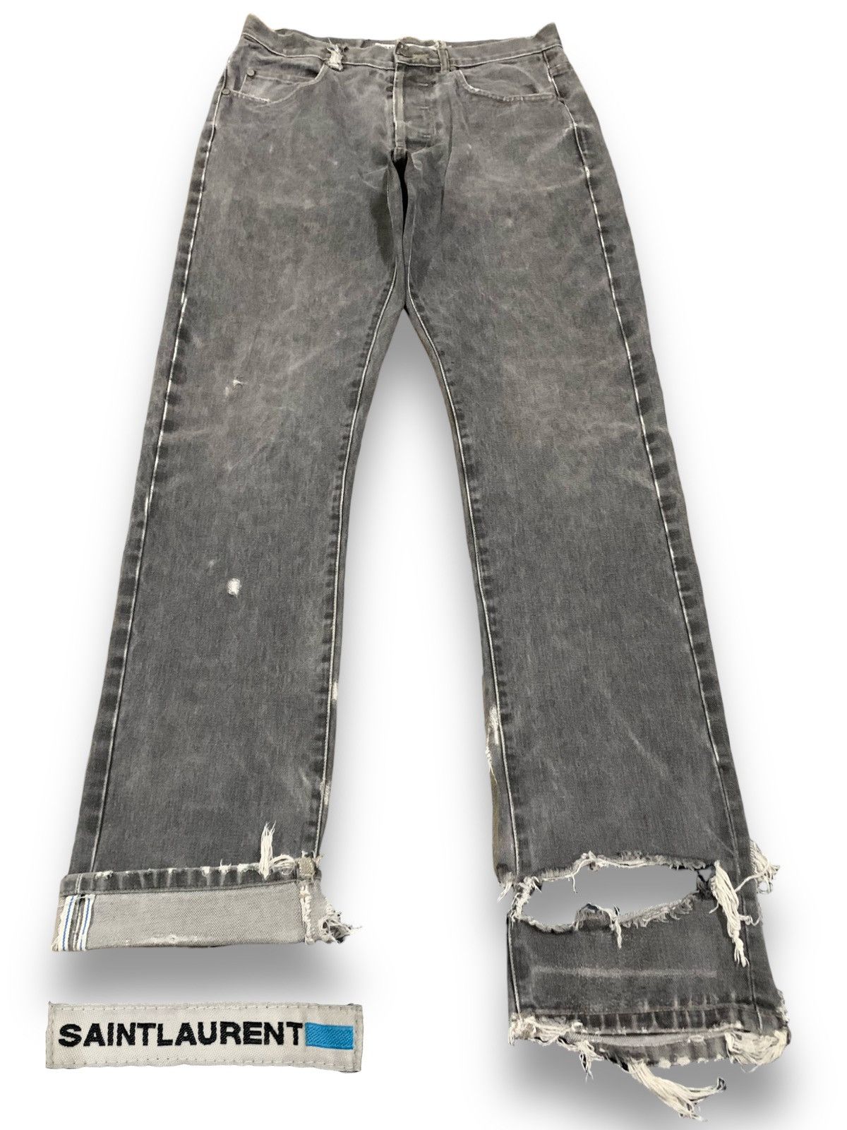 Pre-owned Hedi Slimane X Saint Laurent Paris Vintage Saint Laurent Selvedge Faded Wash Destroyed Jeans In Faded Black