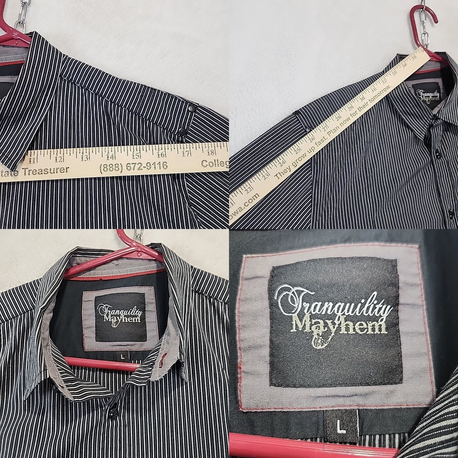 Vintage Tranquility Mayhem Men's Black Striped Long Sleeve Button-Up Shirt - L Regular, Fold-Over Flip Cuff, Pocket, All Seasons, Woven Size 42R - 8 Thumbnail