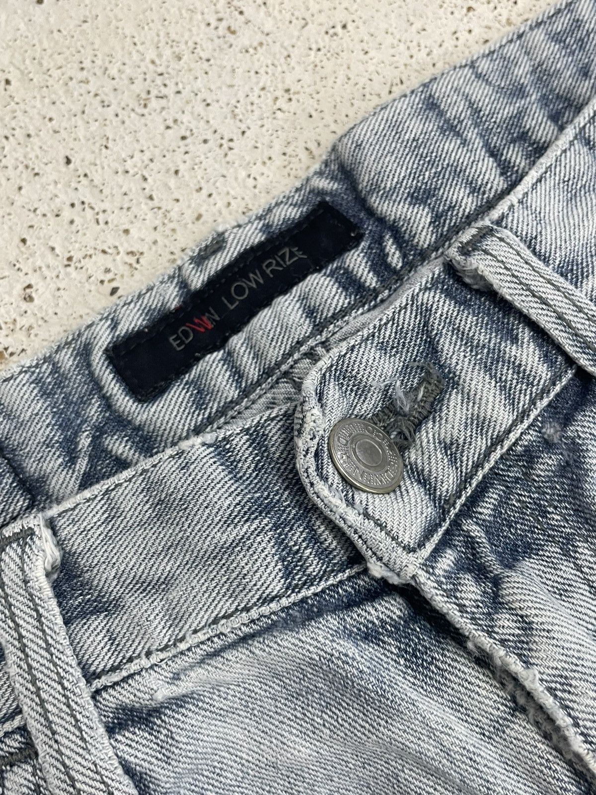 Edwin Low Rize Light Wash Soft Denim Distressed