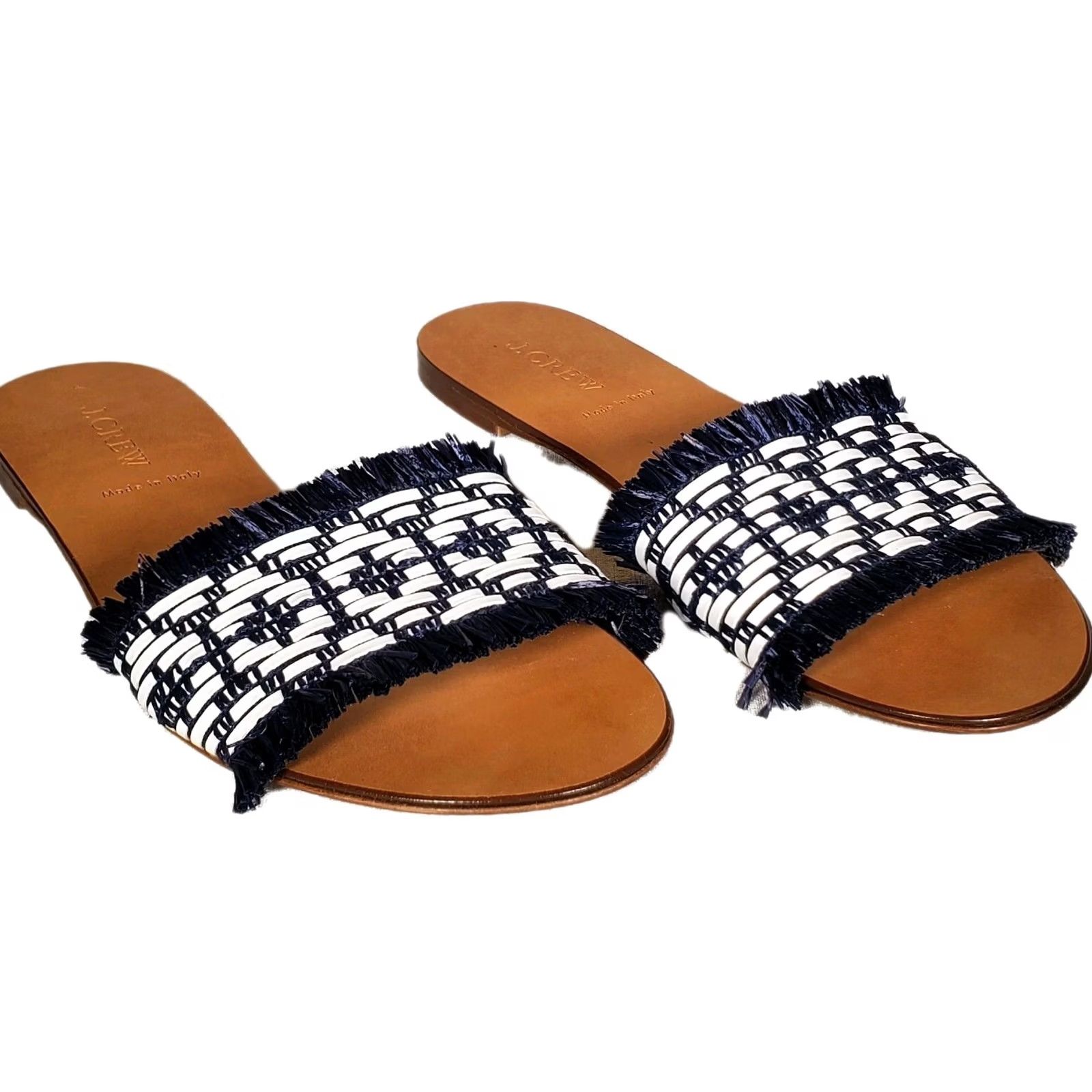J.Crew J.Crew Sandals Woven Raffia Navy Blue / White Slip On Slides Women US 8.5 Italy Summer Casual Size US 9 / IT 39 - 2 Thumbnail